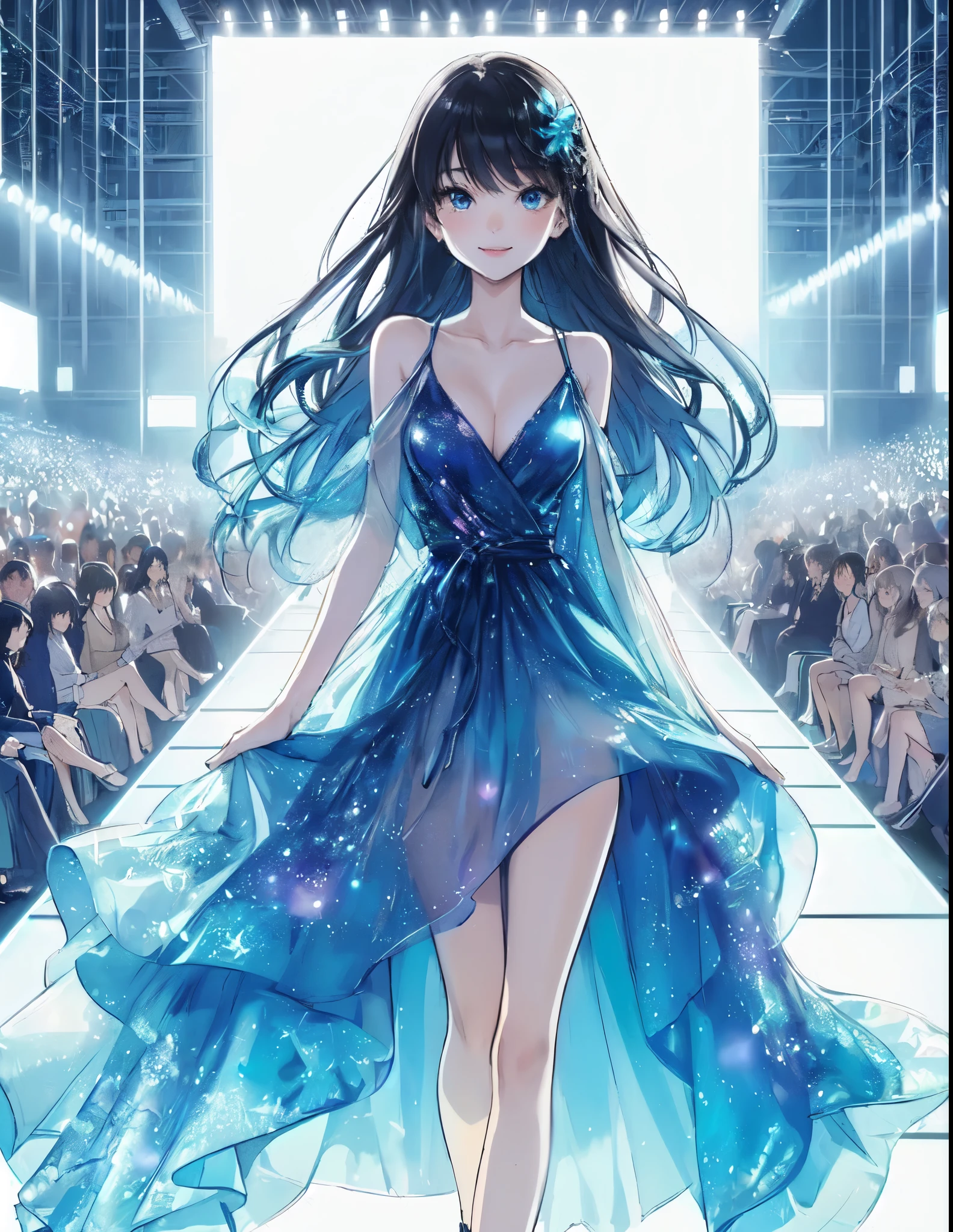 1lady (striding across central stage), model, (chic blue dress) stylish outfit, mature female, /(black hair/) bangs, light smile, (masterpiece best quality:1.2) delicate illustration ultra-detailed, large breasts BREAK (dress glows blue) (reminiscent of the sea under moonlight:1.2) BREAK (bustling venue indoors) (Tokyo Girls Collection), /(massive screen/), audience, detailed background
