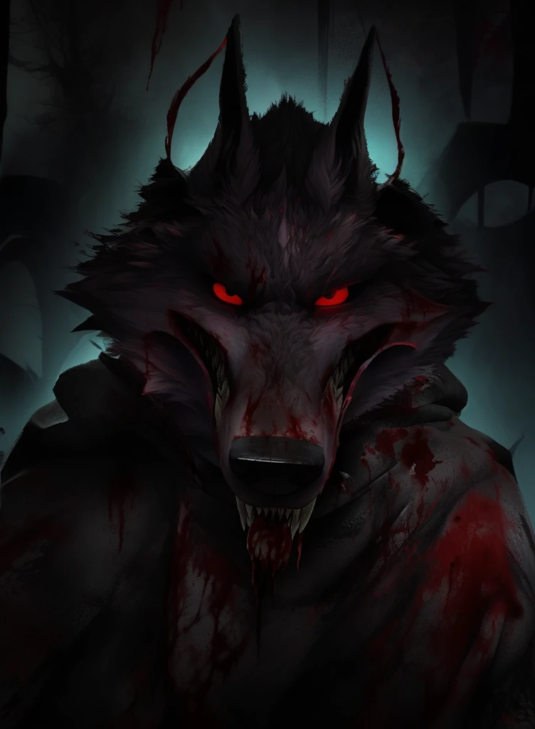 (death, wolf:1.1), (looking into the soul of the viewer:1.1), (sharp canine teeth covered in blood:1.1), (strange and distorted smile:1.1), (abandoned circus background:1.1), (face covered in blood:1.1), (Halloween special:1.1), (portraits), (horror), (dark atmosphere), (intense red color), (sinister lighting), (detailed fur texture), (eerie carnival props), (creepy shadows), (menacing expression), (macabre ambiance), (nightmare-inducing), (creepy atmosphere), (blood splatters), (gothic vibe), (ominous mood), (malevolent presence), (spooky ambiance), (intense gaze), (surreal elements), (unsettling presence), (disheveled appearance), (disturbed character), (unsettling eyes), (haunting aura), (grim fascination), (horrifying details), (eerie charm), (unsettled emotion), (frightening expression), (sinister undertone), (disturbing backdrop), (enigmatic scenery), (terrifying energy), (supernatural elements), (unsettled atmosphere), (chilling beauty)