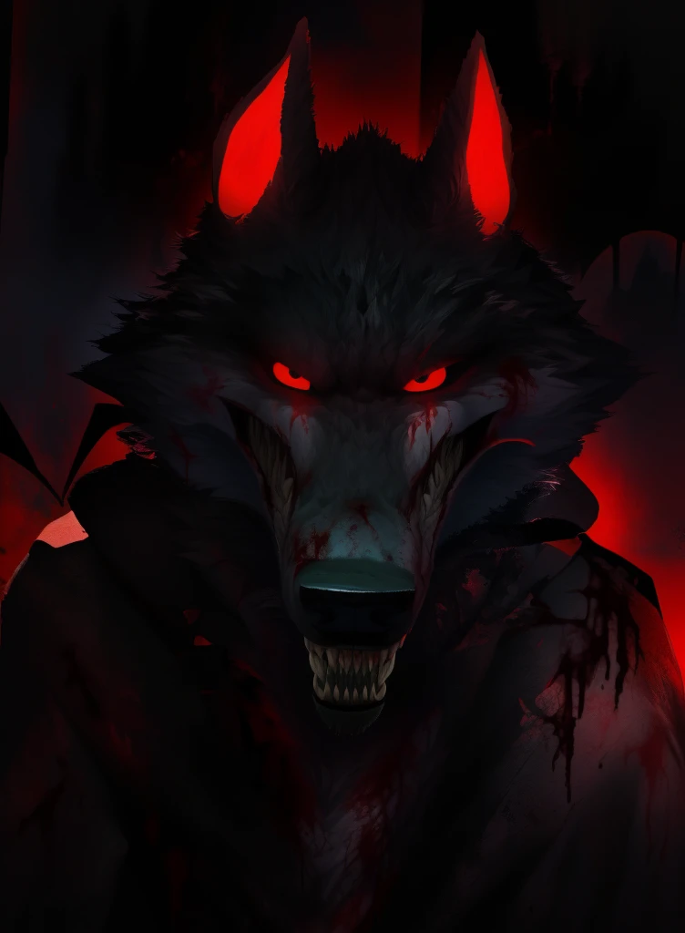 (death, wolf:1.1), (looking into the soul of the viewer:1.1), (sharp canine teeth covered in blood:1.1), (strange and distorted smile:1.1), (abandoned circus background:1.1), (face covered in blood:1.1), (Halloween special:1.1), (portraits), (horror), (dark atmosphere), (intense red color), (sinister lighting), (detailed fur texture), (eerie carnival props), (creepy shadows), (menacing expression), (macabre ambiance), (nightmare-inducing), (creepy atmosphere), (blood splatters), (gothic vibe), (ominous mood), (malevolent presence), (spooky ambiance), (intense gaze), (surreal elements), (unsettling presence), (disheveled appearance), (disturbed character), (unsettling eyes), (haunting aura), (grim fascination), (horrifying details), (eerie charm), (unsettled emotion), (frightening expression), (sinister undertone), (disturbing backdrop), (enigmatic scenery), (terrifying energy), (supernatural elements), (unsettled atmosphere), (chilling beauty)
