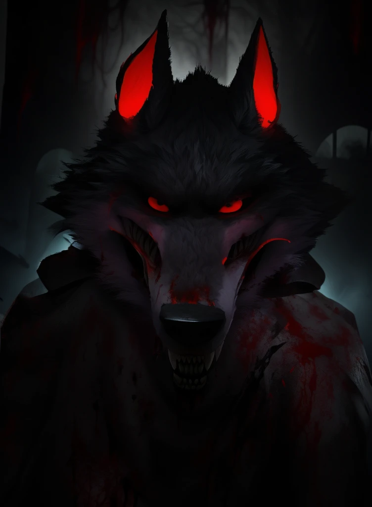 (death, wolf:1.1), (looking into the soul of the viewer:1.1), (sharp canine teeth covered in blood:1.1), (strange and distorted smile:1.1), (abandoned circus background:1.1), (face covered in blood:1.1), (Halloween special:1.1), (portraits), (horror), (dark atmosphere), (intense red color), (sinister lighting), (detailed fur texture), (eerie carnival props), (creepy shadows), (menacing expression), (macabre ambiance), (nightmare-inducing), (creepy atmosphere), (blood splatters), (gothic vibe), (ominous mood), (malevolent presence), (spooky ambiance), (intense gaze), (surreal elements), (unsettling presence), (disheveled appearance), (disturbed character), (unsettling eyes), (haunting aura), (grim fascination), (horrifying details), (eerie charm), (unsettled emotion), (frightening expression), (sinister undertone), (disturbing backdrop), (enigmatic scenery), (terrifying energy), (supernatural elements), (unsettled atmosphere), (chilling beauty)