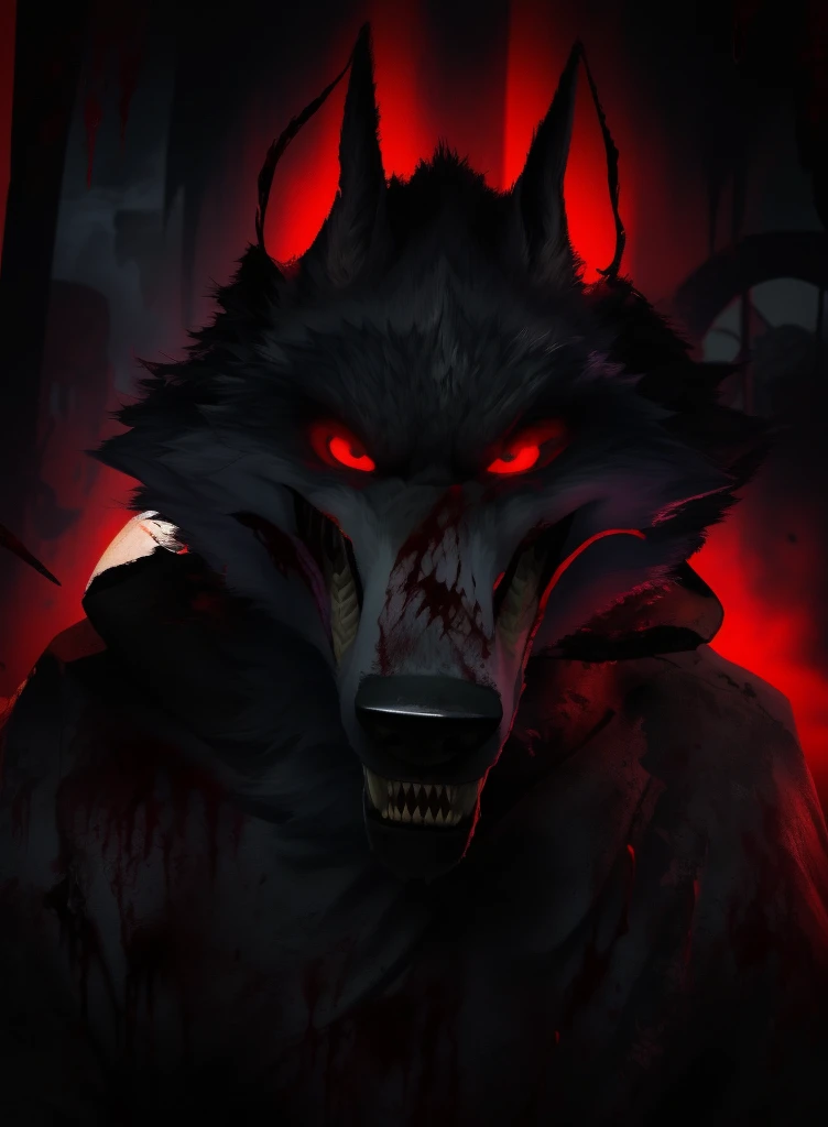 (death, wolf:1.1), (looking into the soul of the viewer:1.1), (sharp canine teeth covered in blood:1.1), (strange and distorted smile:1.1), (abandoned circus background:1.1), (face covered in blood:1.1), (Halloween special:1.1), (portraits), (horror), (dark atmosphere), (intense red color), (sinister lighting), (detailed fur texture), (eerie carnival props), (creepy shadows), (menacing expression), (macabre ambiance), (nightmare-inducing), (creepy atmosphere), (blood splatters), (gothic vibe), (ominous mood), (malevolent presence), (spooky ambiance), (intense gaze), (surreal elements), (unsettling presence), (disheveled appearance), (disturbed character), (unsettling eyes), (haunting aura), (grim fascination), (horrifying details), (eerie charm), (unsettled emotion), (frightening expression), (sinister undertone), (disturbing backdrop), (enigmatic scenery), (terrifying energy), (supernatural elements), (unsettled atmosphere), (chilling beauty)