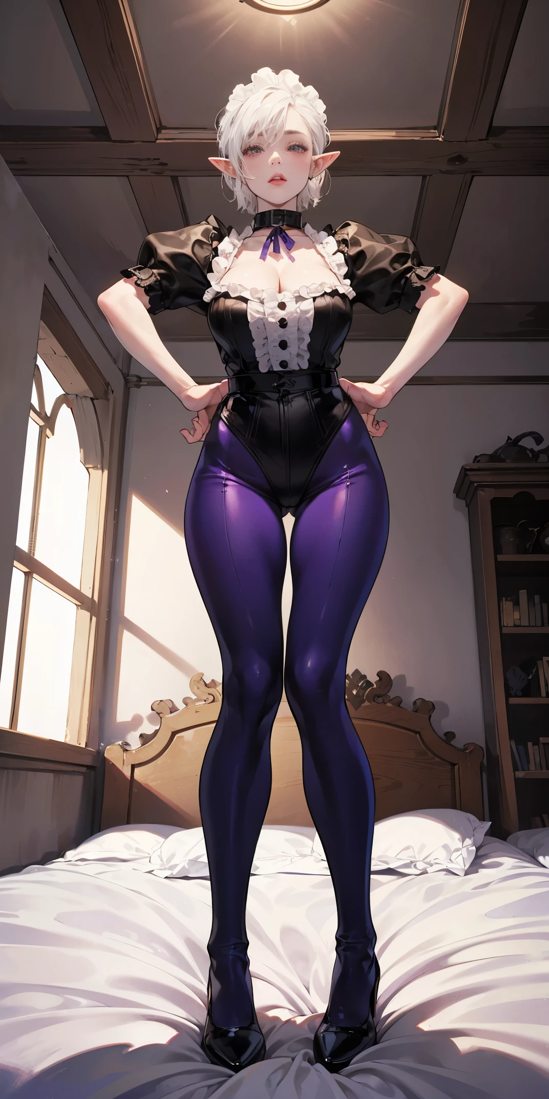White hair , short hair, pinched eyes, (big-:1.5), Thin legs, thin body, leather collar, Maid outfit victorian, dynamic pose, full body, view from below, wide hips, kneel on the sheet in bed. purple skin, drow elf