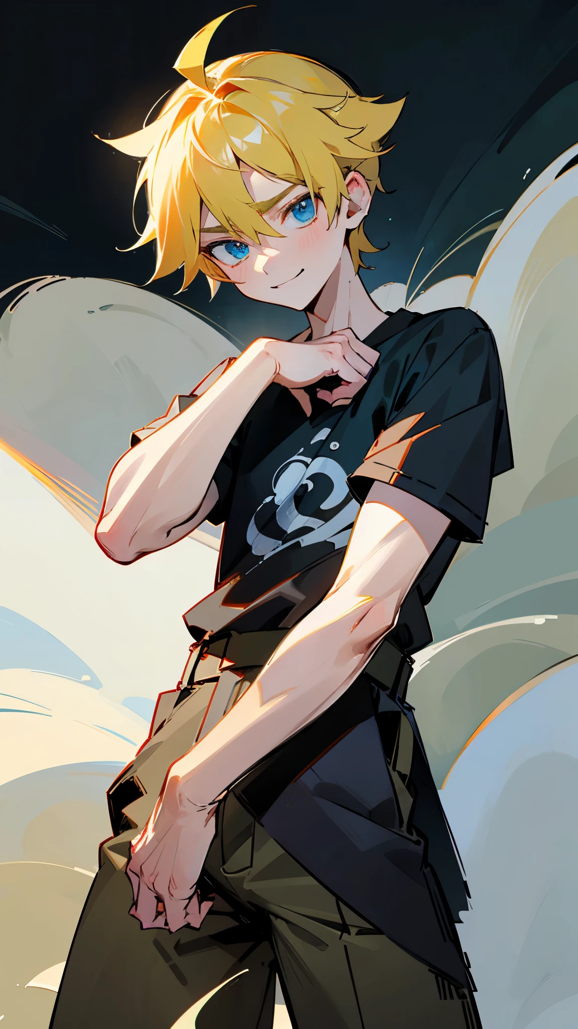 highres,wallpaper,solo,little boy,1 boy,original,illustration,blue eyes,yellow hair,masterpiece,male,male focus,boy, ((masterpiece)),(((best quality))), (high-quality, breathtaking), (expressive eyes, perfect face), 1boy, solo,male,smirk,shorts,erect,black t-shirt :1.1,室内，床上:1.4，躺下:1.3,bed，腿岔开，脚抬起来，白色袜子，胯部:1.3,滴水流汗的脚,四角,nsfw，胯部隆起:1.2