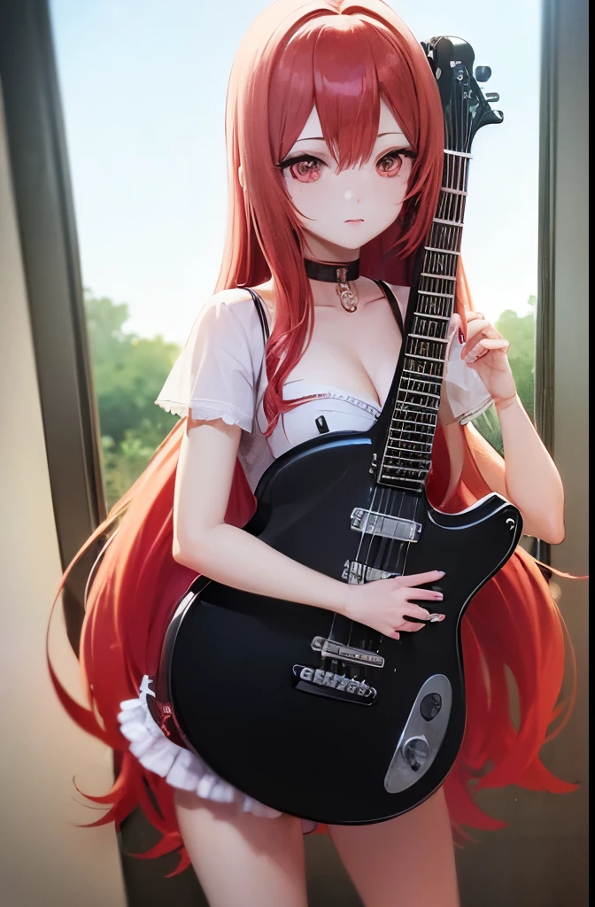 (((electric guitars))), A woman with long red hair and red eyes standing in front of the window, Cute girl anime visual, seductive anime girl, ( ( ( yoshinari yoh ) ) ), attractive anime girl, pretty anime girl, (((electric guitars))),Erza Scarlet as a real person,anime girl, anime best girl, anime girl with long hair, (anime girl)