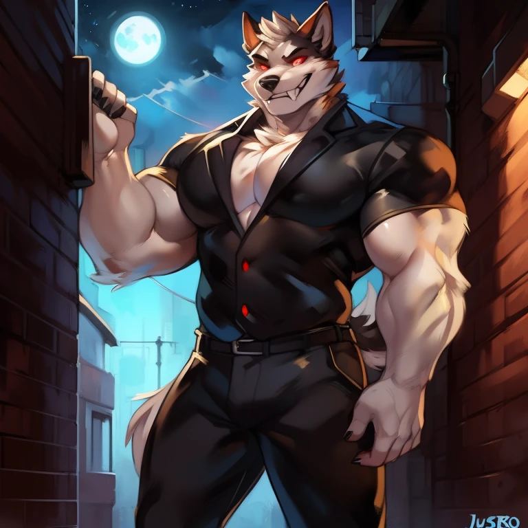 Solo, male, by darkgem, by mystikfox61, by glitter trap boy, by enro the mutt, by juiceps, standing, canine, white fur, red eyes, glowing eyes, muscular, giant, tall, powerful, strong, buff, wide, thick, massive biceps, giant pecs, teeth, fangs, smirking, rape face, evil expression, (((black suit))), black dress pants, alleyway, night, moon, dramatic lighting, stars