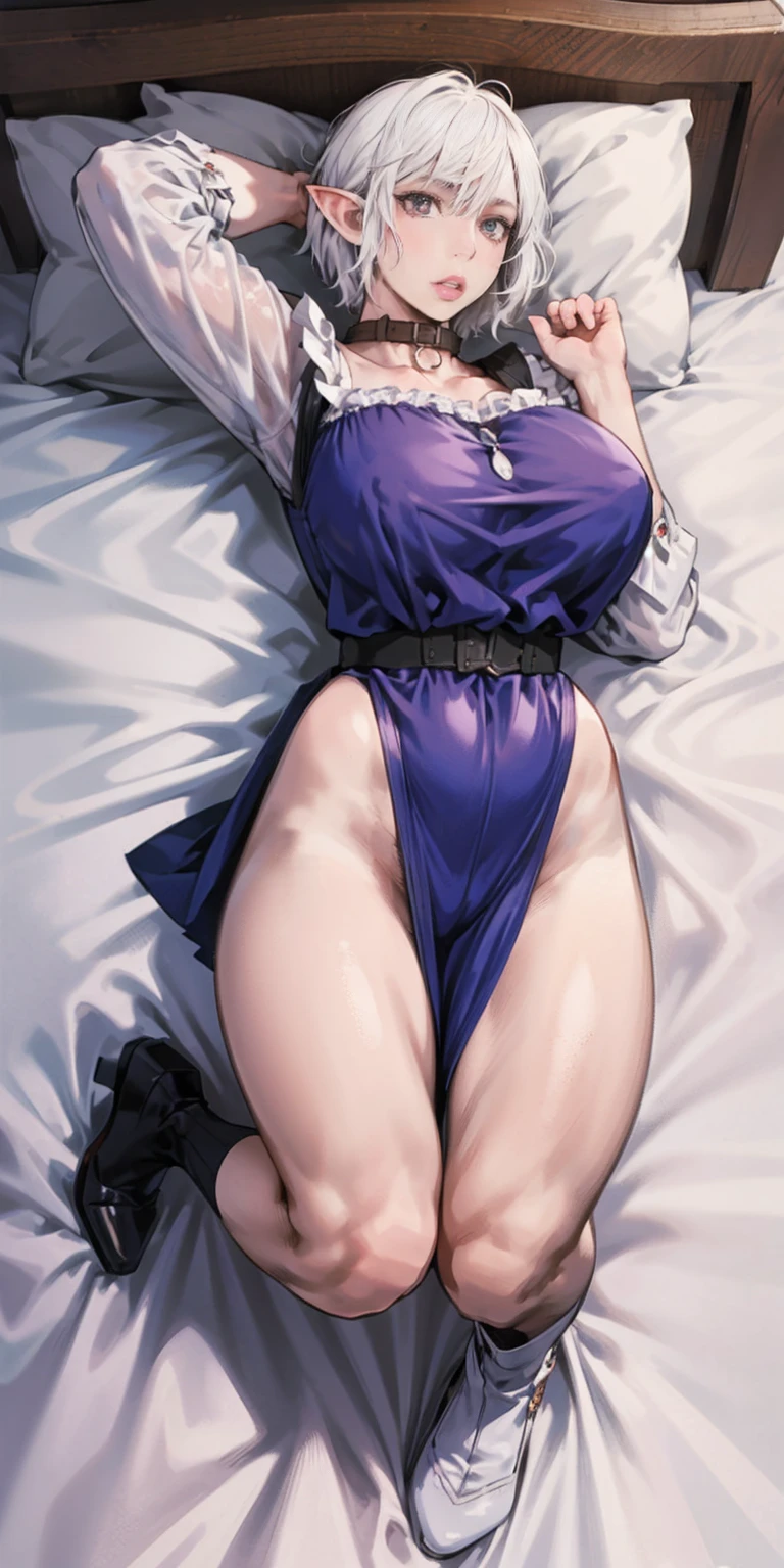 White hair , short hair, pinched eyes, (big-:1.5), Thin legs, thin body, leather collar, Maid outfit victorian, dynamic pose, full body, view from below, wide hips, kneel on the sheet in bed. purple skin, drow elf