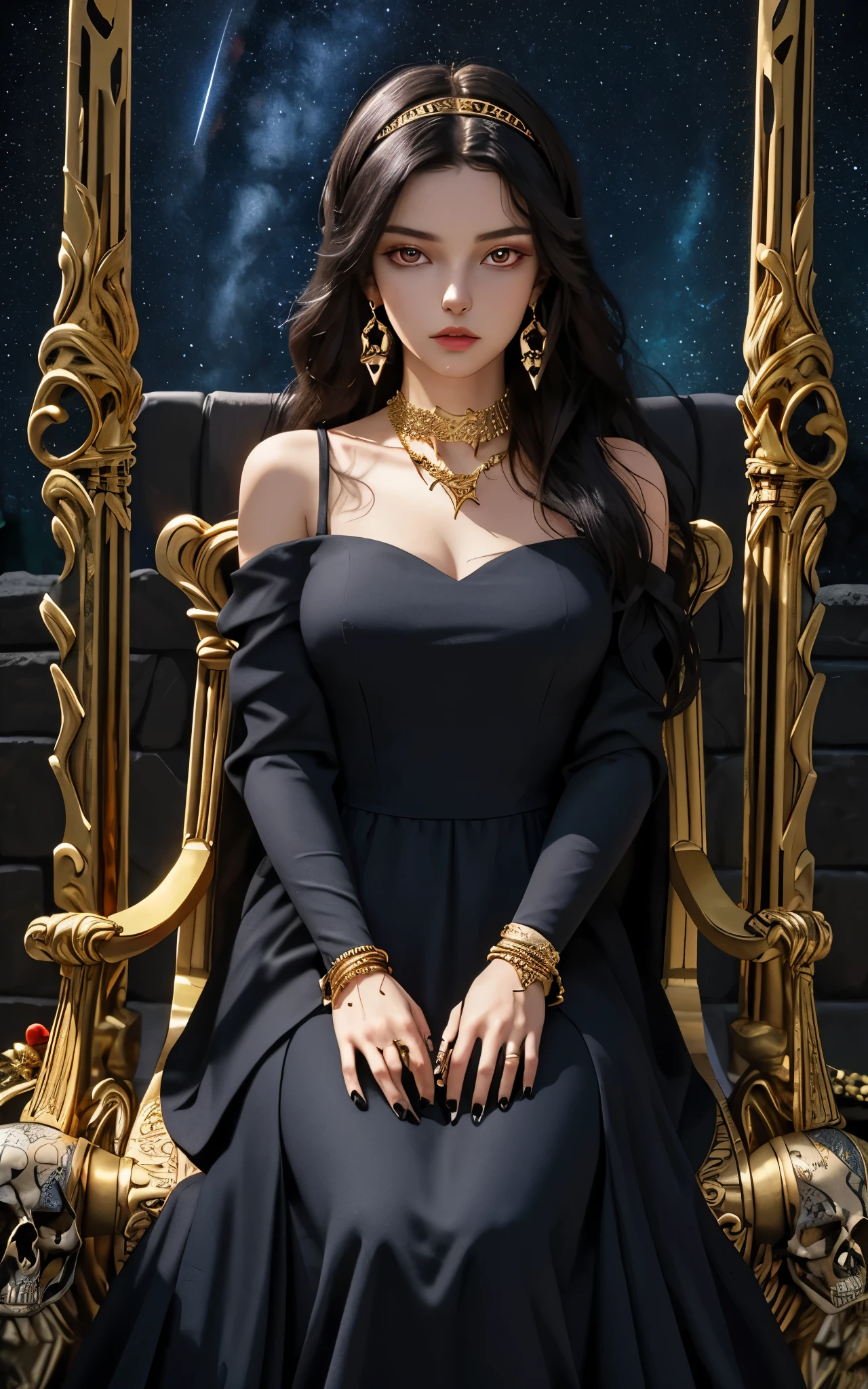 1 girl, solo, details, masterpiece, best quality, photorealistic realism, beautiful girl, long hair, black hair, skull headband,  gold earrings, red eyes, beautiful face, skull necklace, perfect body, large breast, open chest, black long dress, skull bracelet, gold earrings, musical instrument,  sit on ancient chair, dark sky, dark temple, 