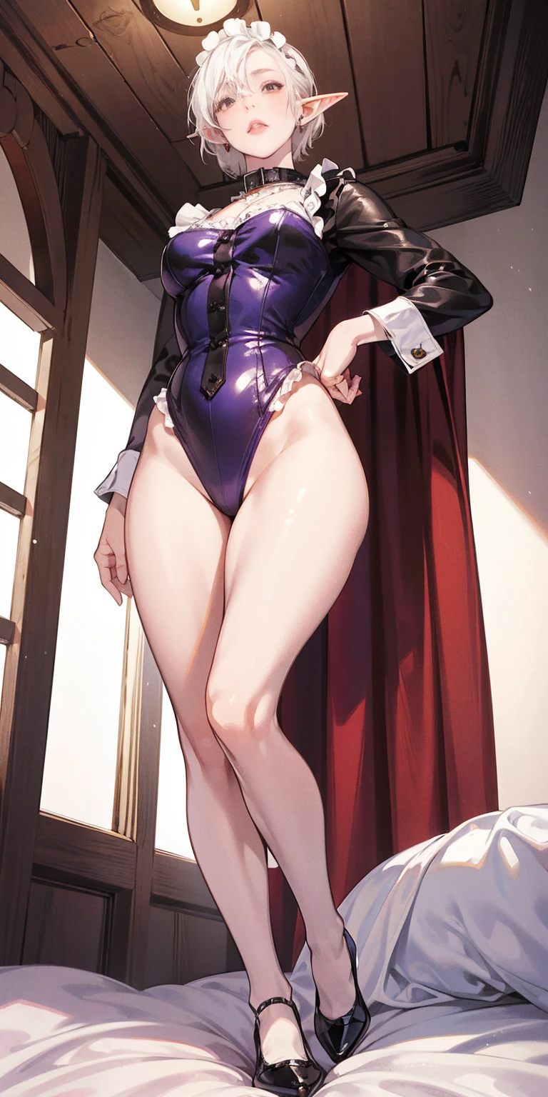White hair , short hair, pinched eyes, (big-:1.5), Thin legs, thin body, leather collar, Maid outfit victorian, dynamic pose, full body, view from below, wide hips, kneel on the sheet in bed. purple skin, drow elf