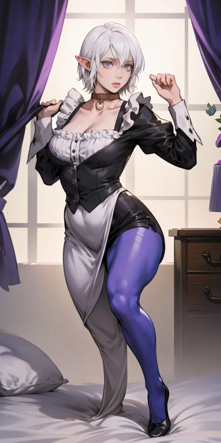 White hair , short hair, pinched eyes, (big-:1.5), Thin legs, thin body, leather collar, Maid outfit victorian, dynamic pose, full body, view from below, wide hips, kneel on the sheet in bed. purple skin, drow elf
