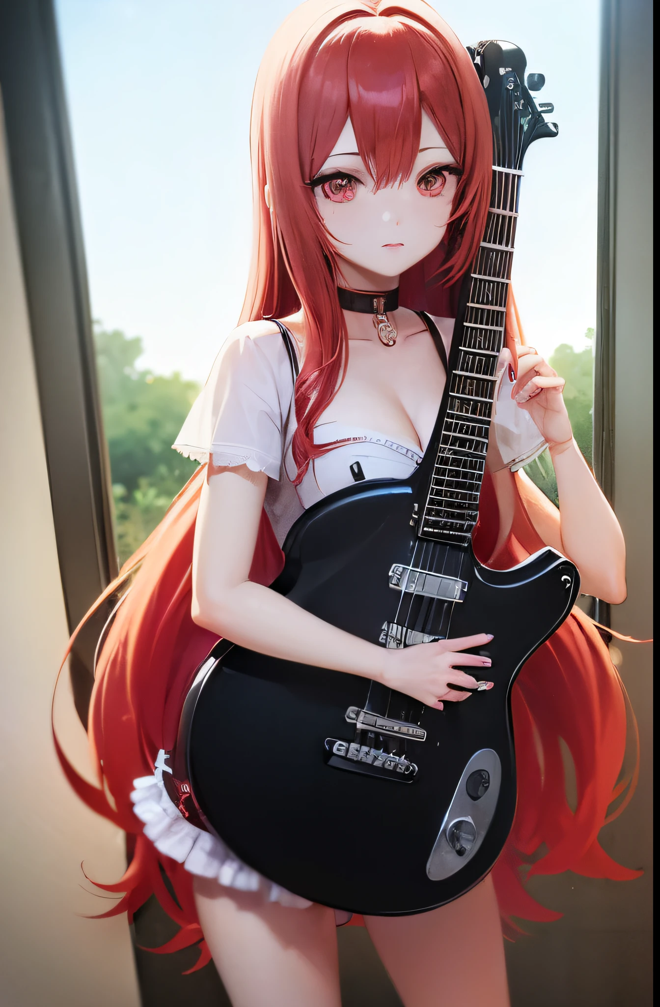 (photorealism:1.2) Asuka Langley Soryu strips naked covering herself with a black Gibson SG guitar