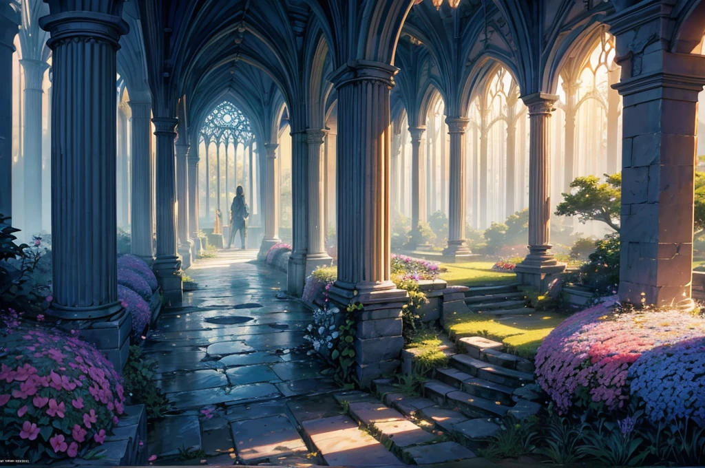 absurdres, best quality,ultra-detailed, fine detailed, 8k, scenery, landscape, no humans, wide shot, breathtaking sights, Spectacular views, twilight sky, Dawn sky, Sunrise sky, the morning sun, Blue Hour, the golden hour, early morning, great forest, unexplored region, inside greenhouse with decoration, inside Intricate European Bird Cage, ancient bridge, flower garden, ruins, forest, waterfall, nature, ray tracing, refraction, cinematic lighting, tyndall effect