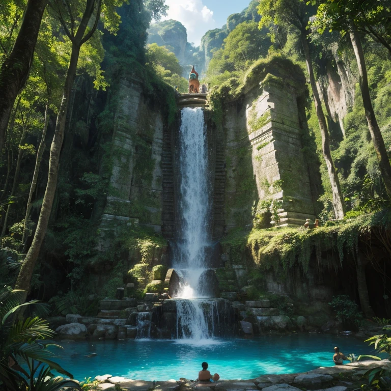 Imaginez-vous debout sur une ancienne plateforme en pierre, entouré de la végétation luxuriante de la jungle maya. Devant vous se dresse un majestueux temple maya, ses murs en pierre resplendissant sous les rayons du soleil. Les reliefs sculptés racontent l’histoire de ce peuple ancien et mystérieux. Au loin, à travers les arbres, vous apercevez l’entrée d’un cénote sacré, une piscine naturelle d’une beauté enchanteresse. L’eau cristalline brille d’une couleur turquoise hypnotisante, entourée de lianes suspendues et de plantes tropicales luxuriantes. Le murmure de la jungle, avec ses chants d’oiseaux exotiques et les bruits mystérieux des animaux, enveloppe l’atmosphère. Vous ressentez un sentiment d’émerveillement et de respect devant la grandeur de la nature et la puissance spirituelle de cet endroit sacré. L’image que vous créez représente une fusion harmonieuse entre le temple maya, le cénote et la jungle, capturant la magie et la beauté de cette scène captivante