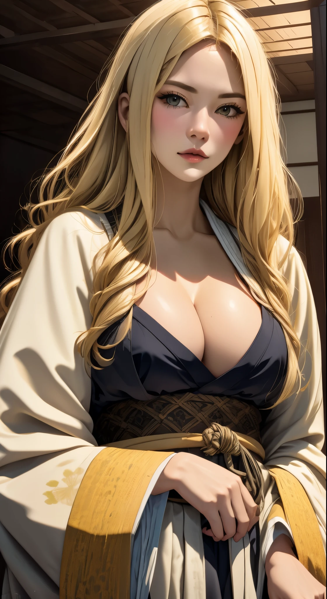 1 milf gothic girl, (dark atmosphere), (highly detailed skin),, cleavage,((old Japanese style)) ,8k quality, ultra sharp, ultra realistic detailed, yellow eyes, blonde hair,, white hanfu 