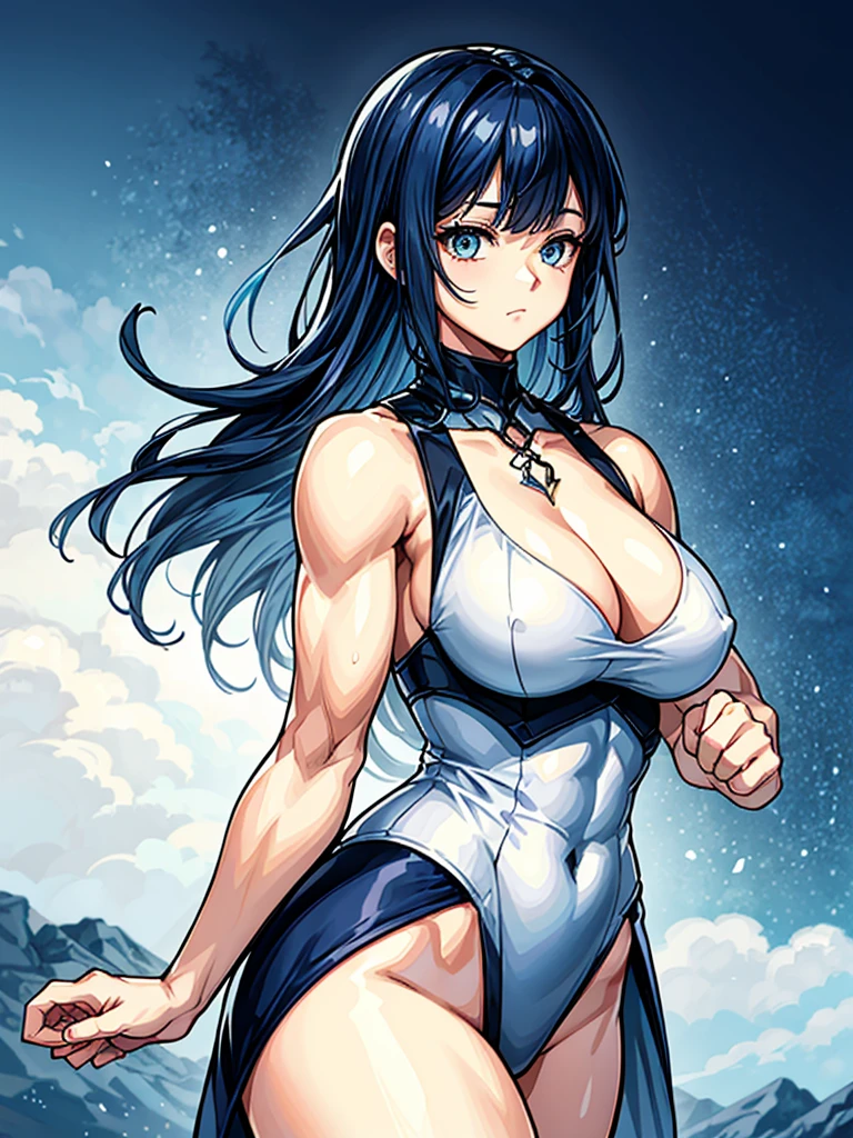 (((masterpiece、Highest image quality、highest quality、highly detailed unity 8kwallpaper)))、((Illustration of one girl))、(((beautiful girl)))、blue hair、stocky build, thickset physique:1.3, muscular legs, broad shoulders, solid chest、white clothes