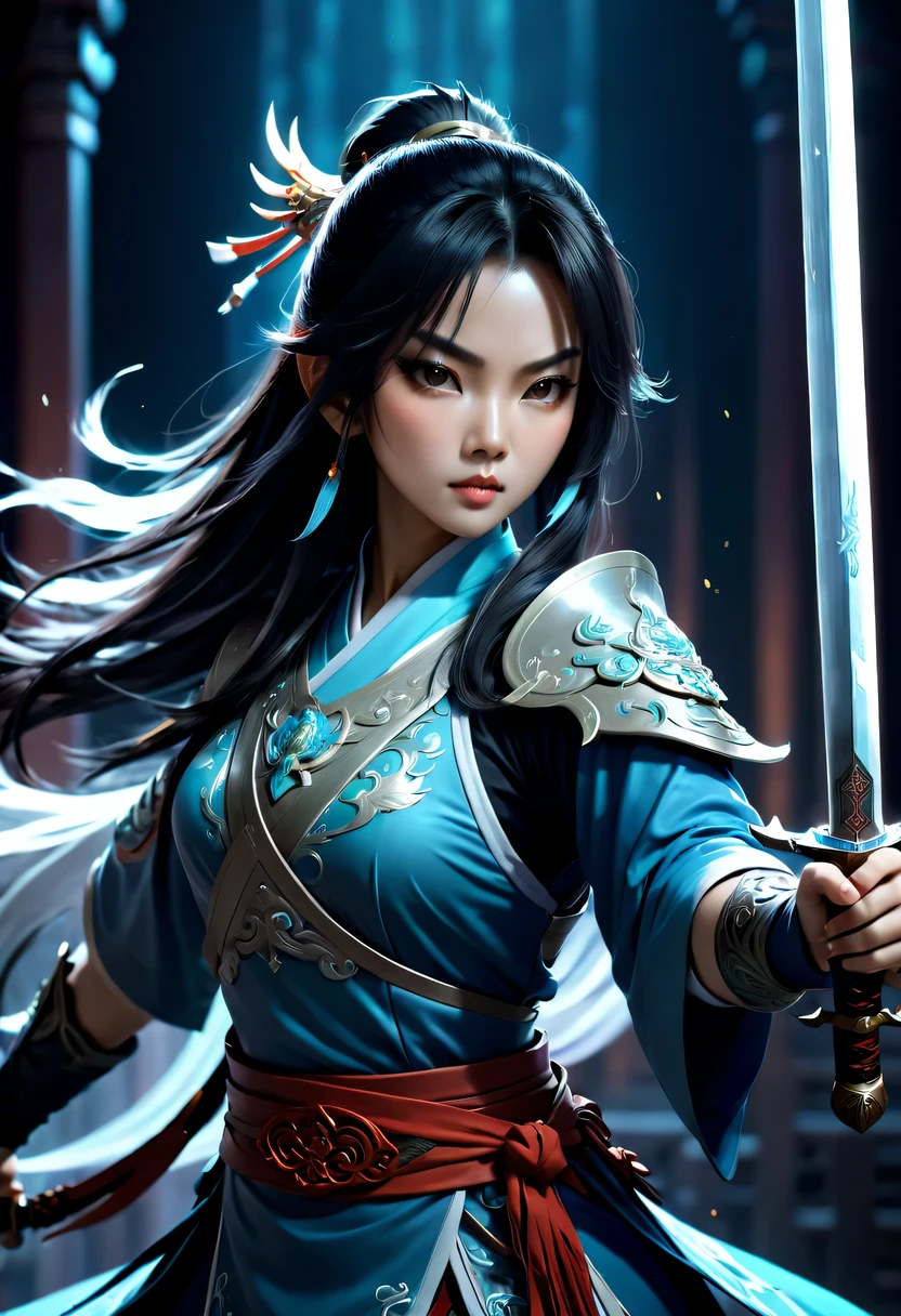 Close-up of a Chinese woman holding a sword in a dark room, 2. 5D CGI anime fantasy artwork, 史诗fantasy art style高清, Digital 2D Fantasy Art, digital fantasy art ), xianxia fantasy, digital art fantasy art, Beautiful celestial mage, Epic fantasy digital art style, fantasy art style, xianxia hero, Anime Fantasy Illustration