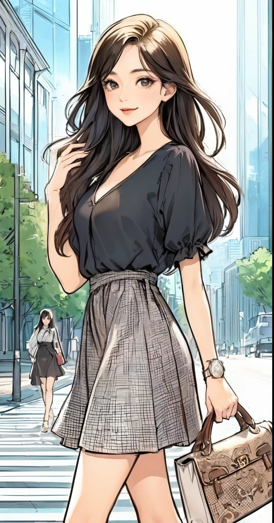 1lady (strolling through city), (stylish outfit), mature female, /(black hair/) bangs, light smile, (masterpiece best quality:1.2) delicate illustration ultra-detailed, large breasts BREAK (carrying a designer bag in her hand) BREAK (luxurious downtown street) outdoors, noon, crowded, detailed background