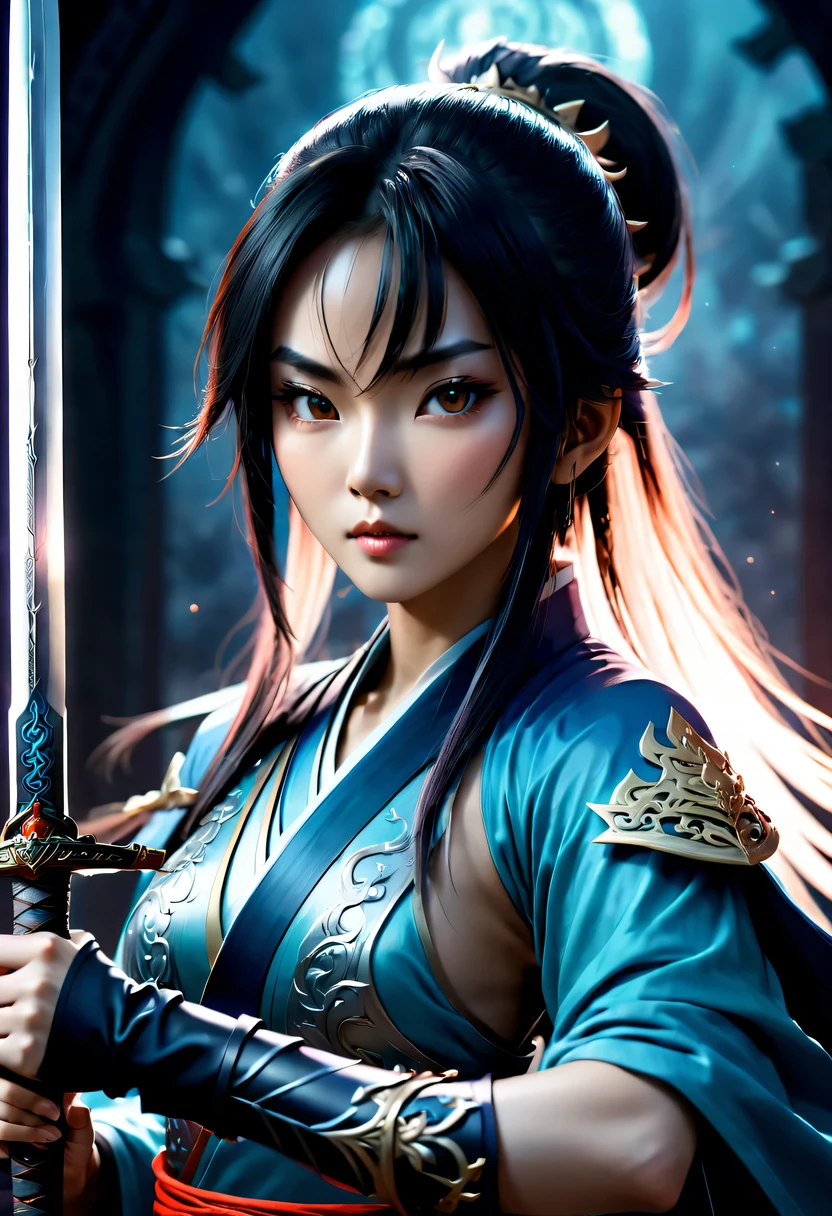 Close-up of a Chinese woman holding a sword in a dark room, 2. 5D CGI anime fantasy artwork, 史诗fantasy art style高清, Digital 2D Fantasy Art, digital fantasy art ), xianxia fantasy, digital art fantasy art, Beautiful celestial mage, Epic fantasy digital art style, fantasy art style, xianxia hero, Anime Fantasy Illustration
