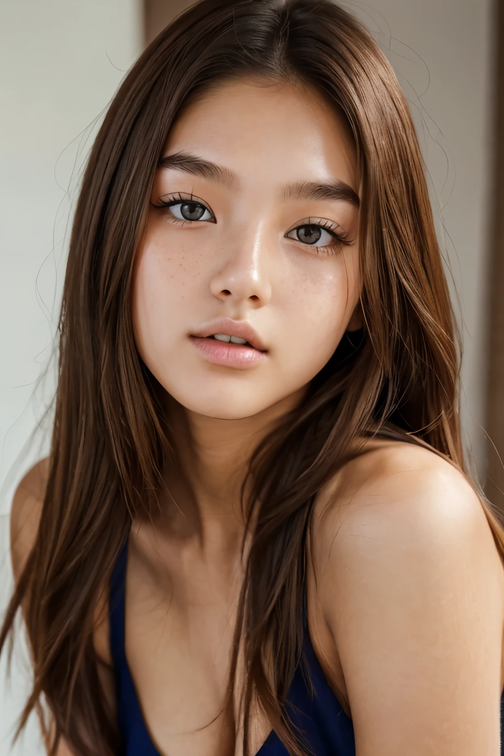 a beautiful young girl , height 5 feet 7 inch , brownish hair , hourglass body , lazy eyes , sharp nose and fat lips, 21 years old , well detailed , symetrical face,freckle on face ,thin, attractive,more vibrant , model face , lighter eyes, korean