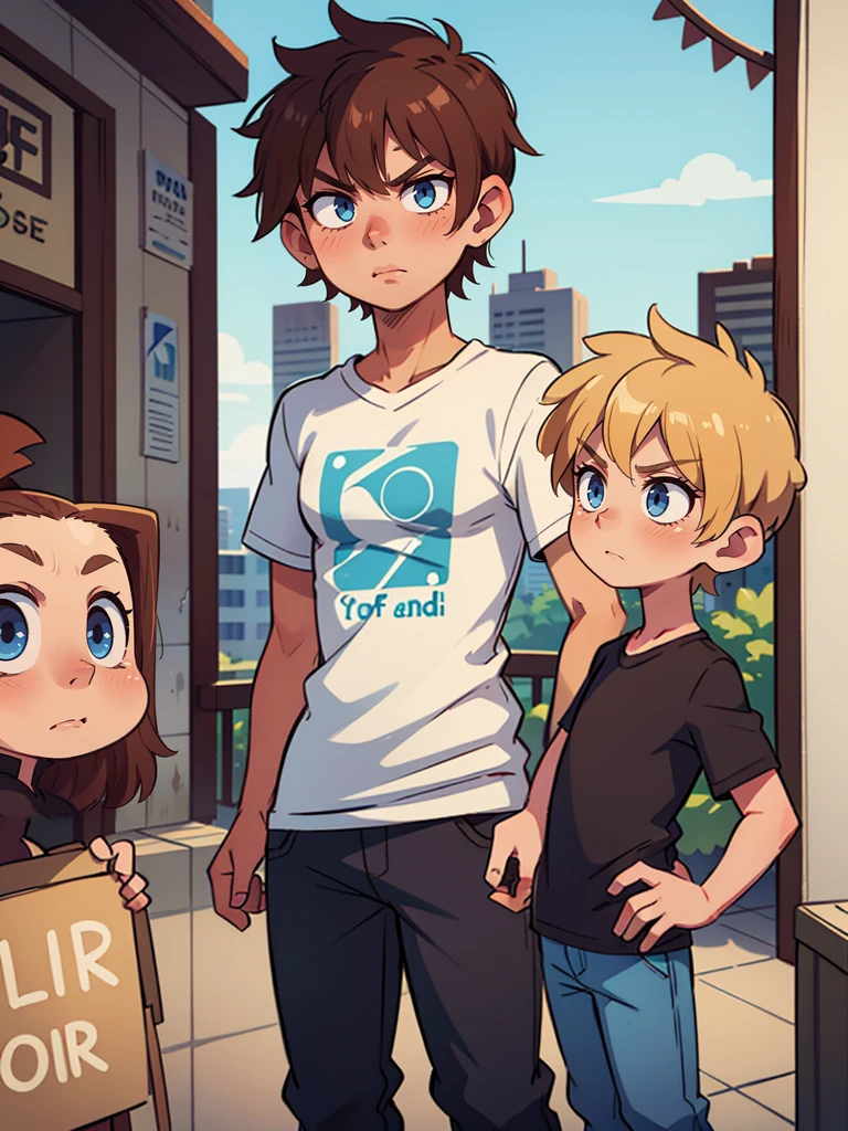 guy with brown hair and blond streaks, with short hair, with blue eyes, has a scar on the right side of his face, wearing a dark T-shirt and pants, has a serious look, Standing in the city