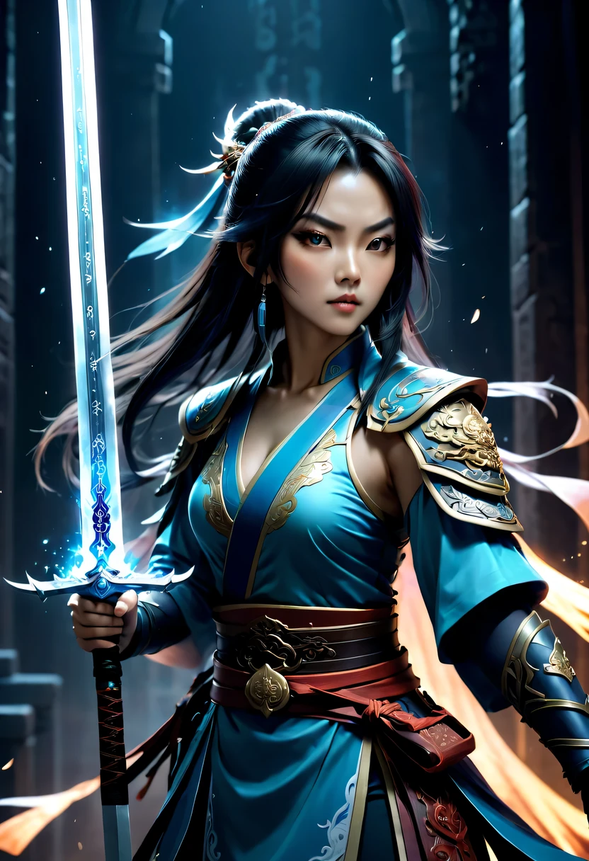 Close-up of a Chinese woman holding a sword in a dark room, 2. 5D CGI anime fantasy artwork, 史诗fantasy art style高清, Digital 2D Fantasy Art, digital fantasy art ), xianxia fantasy, digital art fantasy art, Beautiful celestial mage, Epic fantasy digital art style, fantasy art style, xianxia hero, Anime Fantasy Illustration