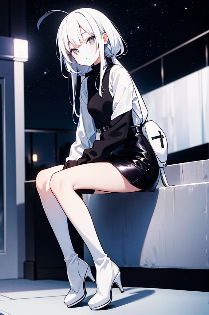 petite slender woman，长white色的头发, wearing a white turtleneck sweater and a Black leather jacket on top, mini skirt (Black), white, and high-heeled Black boots. She was standing on the balcony, Look up at the stars on a moonlit night.