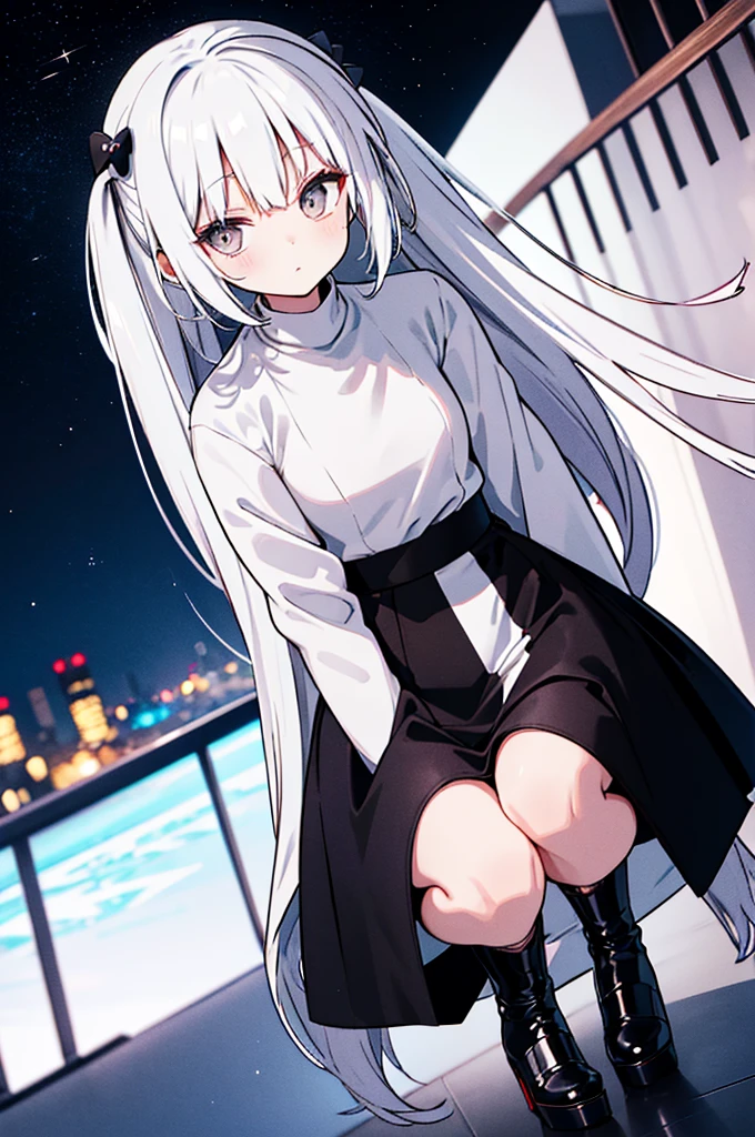 petite slender woman，长white色的头发, wearing a white turtleneck sweater and a Black leather jacket on top, mini skirt (Black), white, and high-heeled Black boots. She was standing on the balcony, Look up at the stars on a moonlit night.