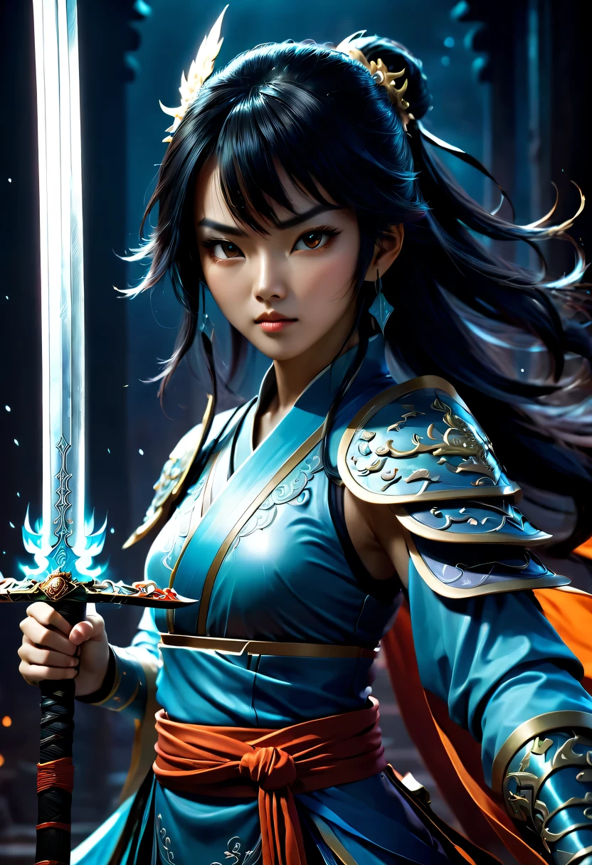 Close-up of a Chinese woman holding a sword in a dark room, 2. 5D CGI anime fantasy artwork, 史诗fantasy art style高清, Digital 2D Fantasy Art, digital fantasy art ), xianxia fantasy, digital art fantasy art, Beautiful celestial mage, Epic fantasy digital art style, fantasy art style, xianxia hero, Anime Fantasy Illustration