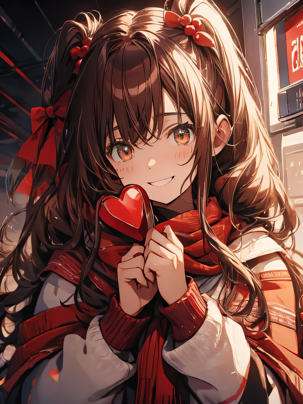 brown eyes、long hair、twin tails、Scarf、Red background、duffel coat、chocolate、girl、Colorful hair ornaments、Valentine、wavy hair、shy face、cheeks are red、laughing、smile、smile、chocolateを持っている