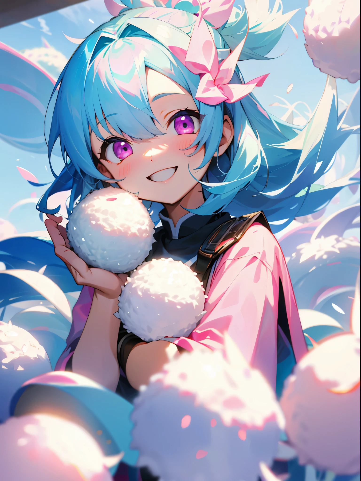 16 year old girl、light blue hair、pink eyes、hold rice balls in both hands、smile、laugh together