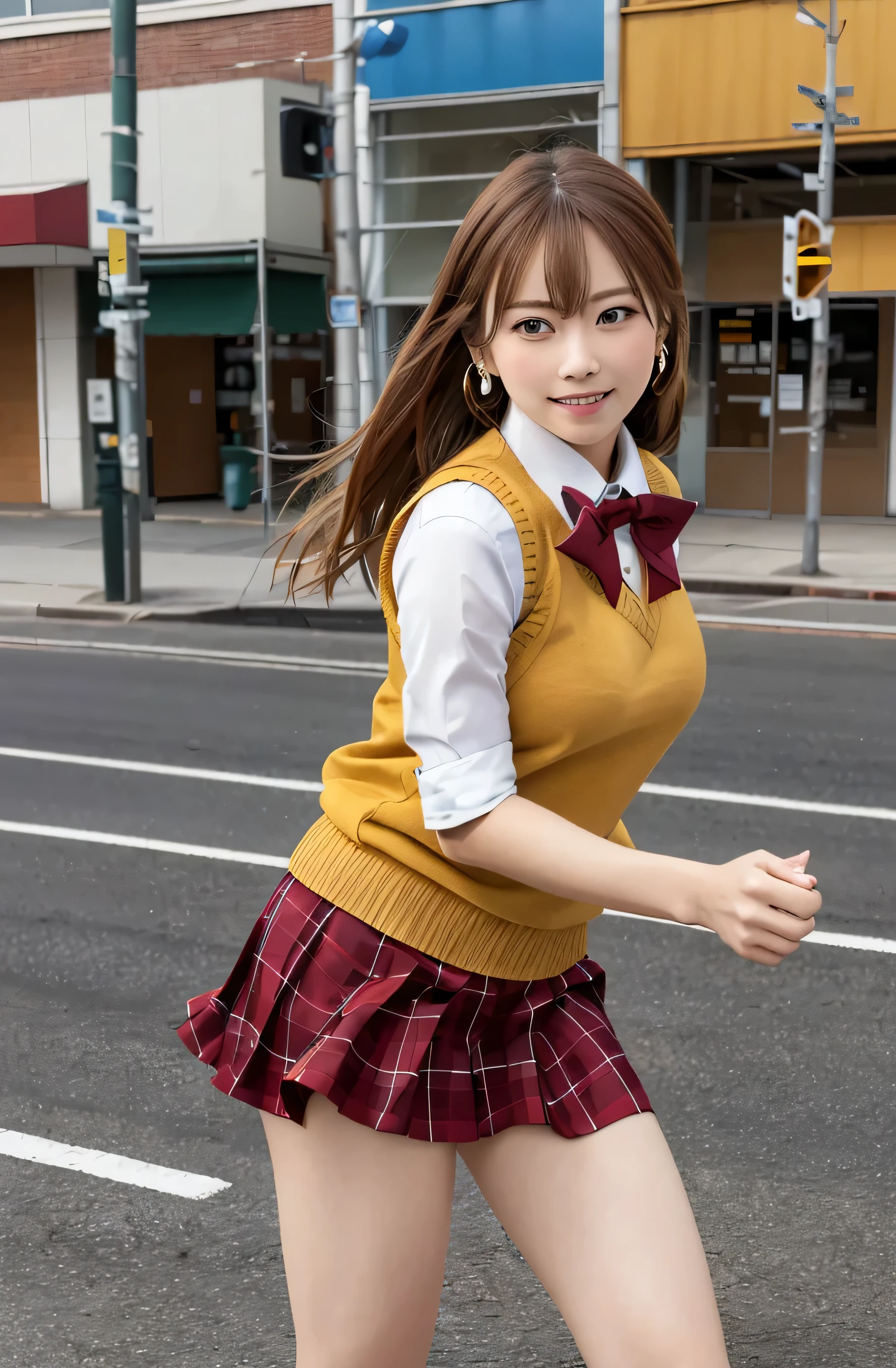 ((masterpiece,highest quality, become familiar with)), 1 girl, alone, outdoor, street, Combat readiness, smile, open your mouth, Day, whole body, Are standing, looking at the viewer, White Wind Honorific, plaid skirt, sweater vest, white socks, loafers, red bow, white shirt, earrings,