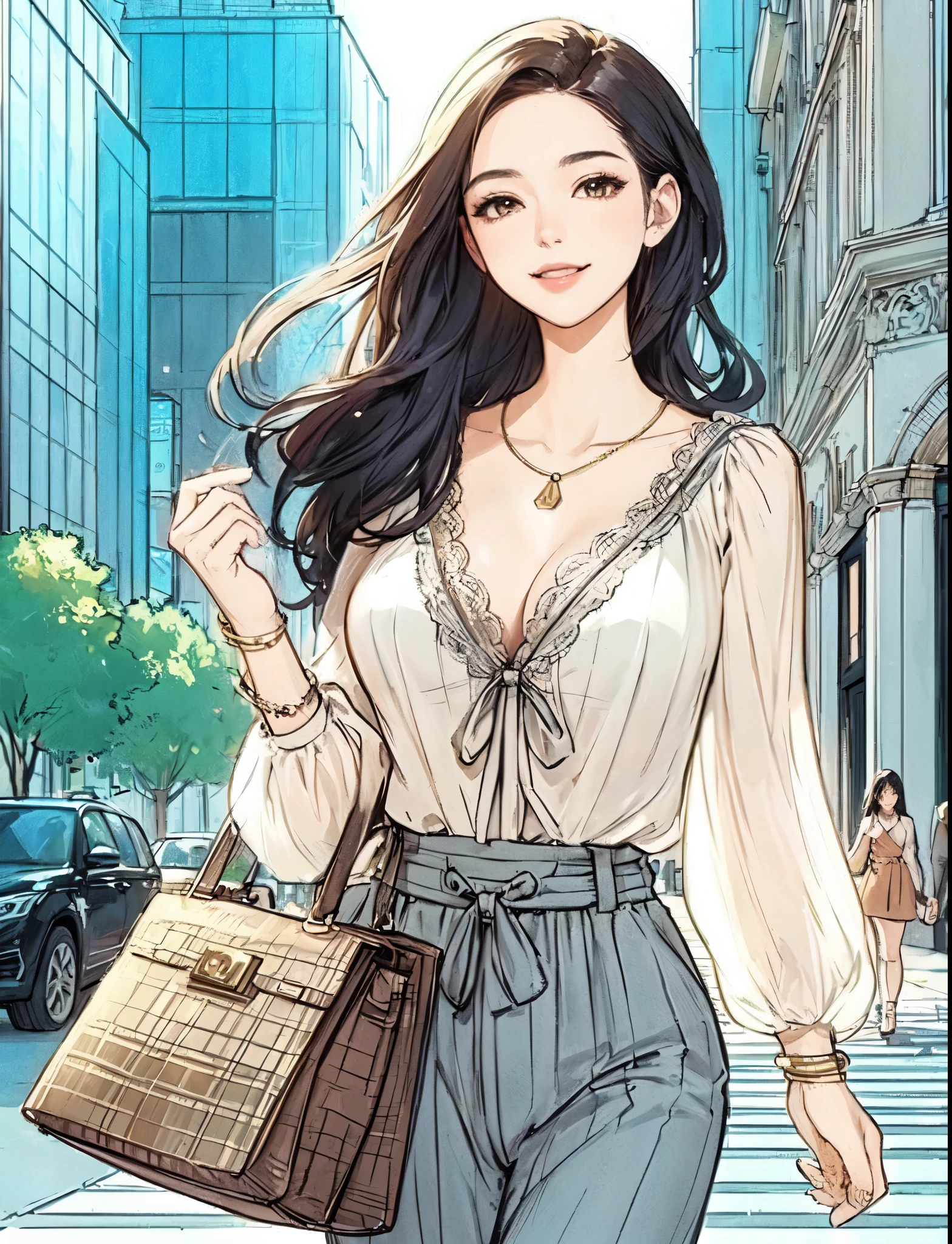 1lady (strolling through city), (stylish outfit), mature female, /(black hair/) bangs, light smile, (masterpiece best quality:1.2) delicate illustration ultra-detailed, large breasts BREAK (carrying a designer bag in her hand) BREAK (luxurious downtown street) outdoors, noon, crowded, detailed background