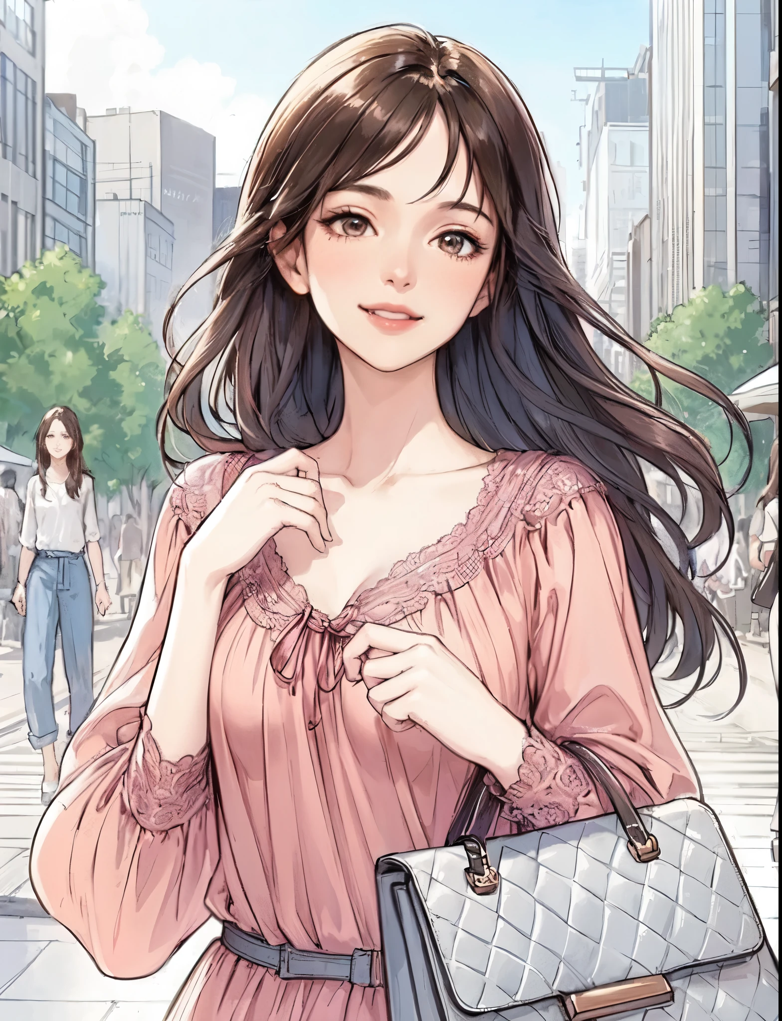 1lady (strolling through city), (stylish outfit), mature female, /(dark brown hair/) bangs, light smile, (masterpiece best quality:1.2) delicate illustration ultra-detailed, large breasts BREAK (carrying a designer bag in her hand) BREAK (luxurious downtown street) outdoors, noon, crowded, detailed background