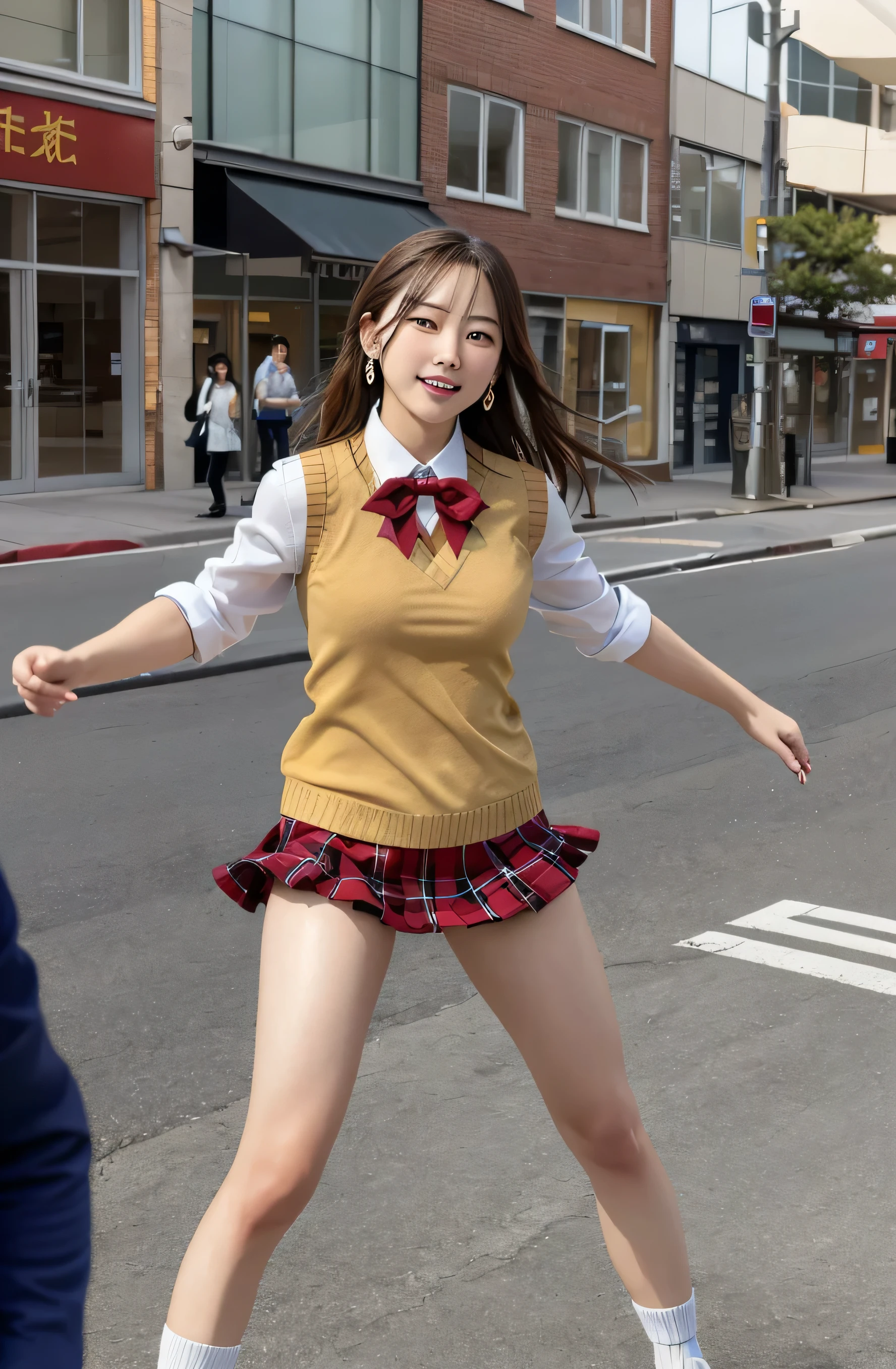 ((masterpiece,highest quality, become familiar with)), 1 girl, alone, outdoor, street, Combat readiness, smile, open your mouth, Day, whole body, Are standing, looking at the viewer, White Wind Honorific, plaid skirt, sweater vest, white socks, loafers, red bow, white shirt, earrings,