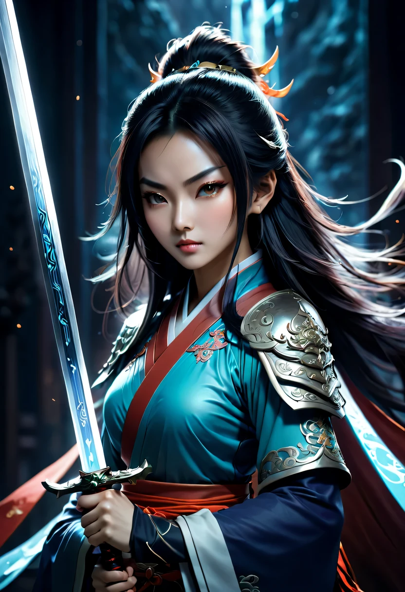 Close-up of a Chinese woman holding a sword in a dark room, 2. 5D CGI anime fantasy artwork, 史诗fantasy art style高清, Digital 2D Fantasy Art, digital fantasy art ), xianxia fantasy, digital art fantasy art, Beautiful celestial mage, Epic fantasy digital art style, fantasy art style, xianxia hero, Anime Fantasy Illustration