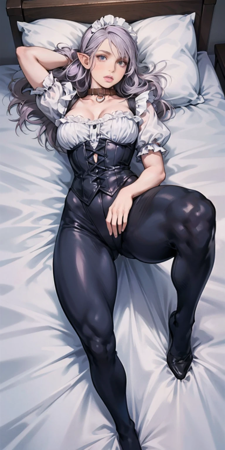 leather collar, Maid outfit victorian, female full body, view from below, wide hips, kneel on the sheet in bed. purple skin, drow elf