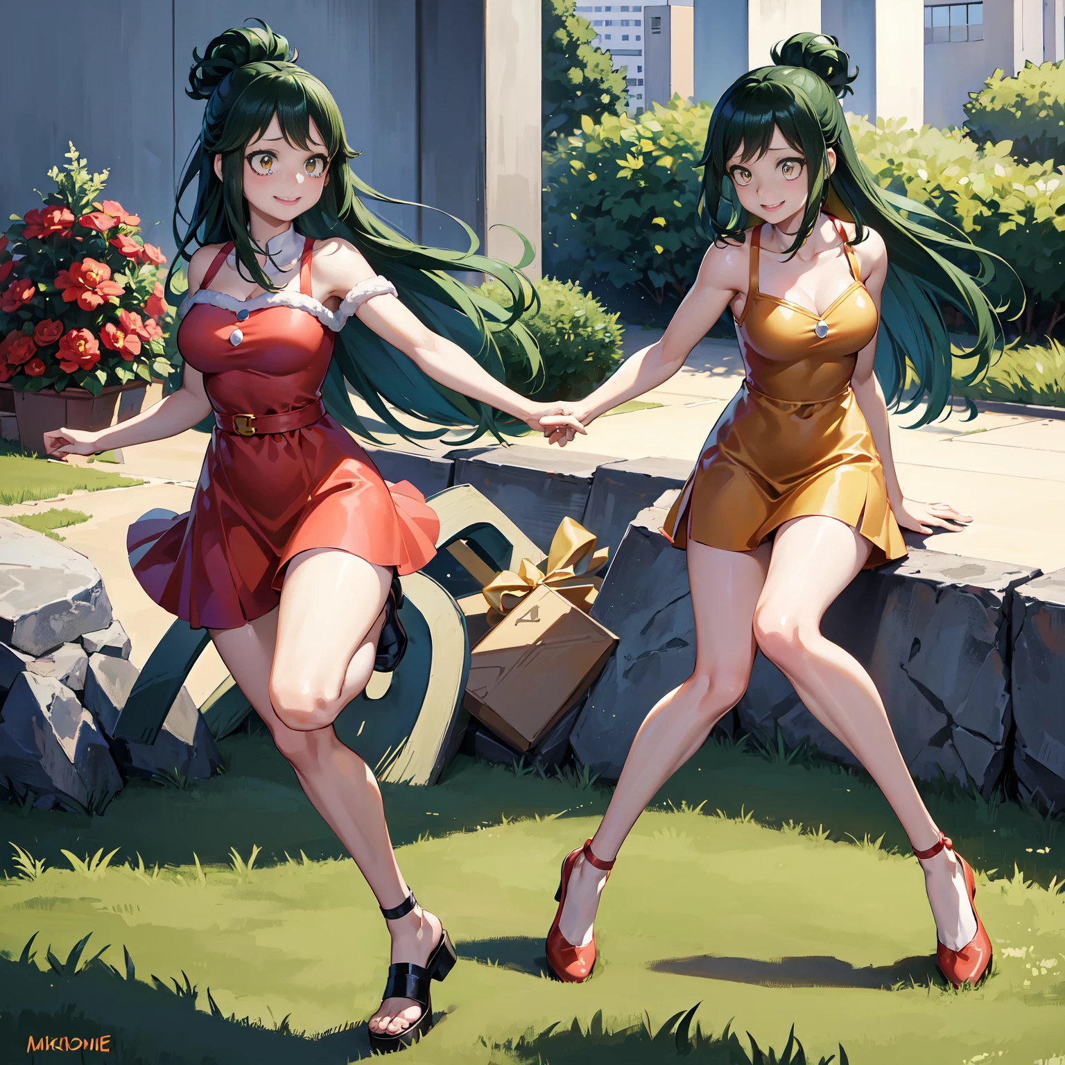 Inko midoriya,my hero academia,inko midoriya,my hero academia,(Christmas style dress),(short dress),(shoulders showing),(red dress),(sexy dress),(Anime girl),(beautiful girl), (full body),(Divine beauty),(yellow eyes),(Cat pupils),(smiling with red rest),(Correction of errors in the eyes),(correction of the nose),(correction of errors in the mouth) ,(Higher image resolution),(image improvement)(1anime),(1 branch),