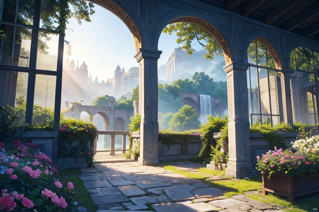absurdres, best quality,ultra-detailed, fine detailed, 8k, scenery, landscape, no humans, wide shot, breathtaking sights, Spectacular views, twilight sky, Dawn sky, Sunrise sky, the morning sun, Blue Hour, the golden hour, early morning, great forest, unexplored region, inside greenhouse with decoration, inside Intricate European Bird Cage, ancient bridge, flower garden, ruins, forest, waterfall, nature, ray tracing, refraction, cinematic lighting, tyndall effect