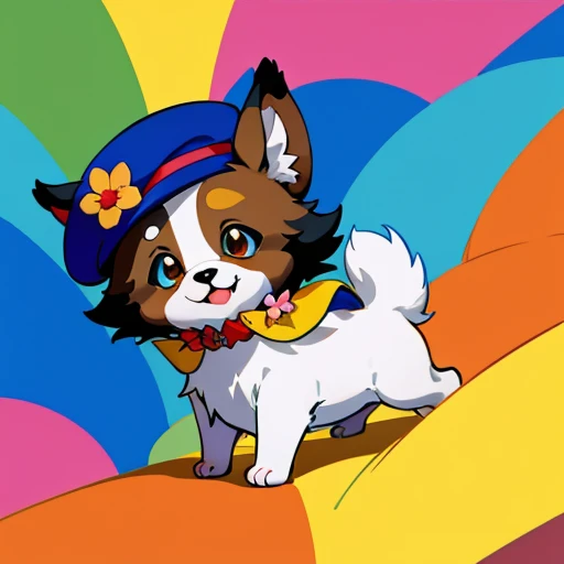 Baby Collie or Border Collie ,A puppy wearing a cute dress and cute hat with floral details、 arte oficial, , Sobre, retrato estilo anime, estilo de arte anime moe, estilo anime 2d, estilo de arte fofo, anime estilizado, estilo de arte de anime, estilo anime. 8k, estilo anime 4k, estilo de arte de anime, Arte digital de anime!!、Filhote de cachorro branco、fofo、branca、vigoroso、Um sorriso encantador、Filhote de cachorro deformado、Levante as patas dianteiras、Filhote de cachorro deformado、dynamic poses、((obra-prima))、(((maximum quality))、Chibi Chara、a fundo flores e plantas no Estilo urbam jungle. Highly colorful and fun scenery.