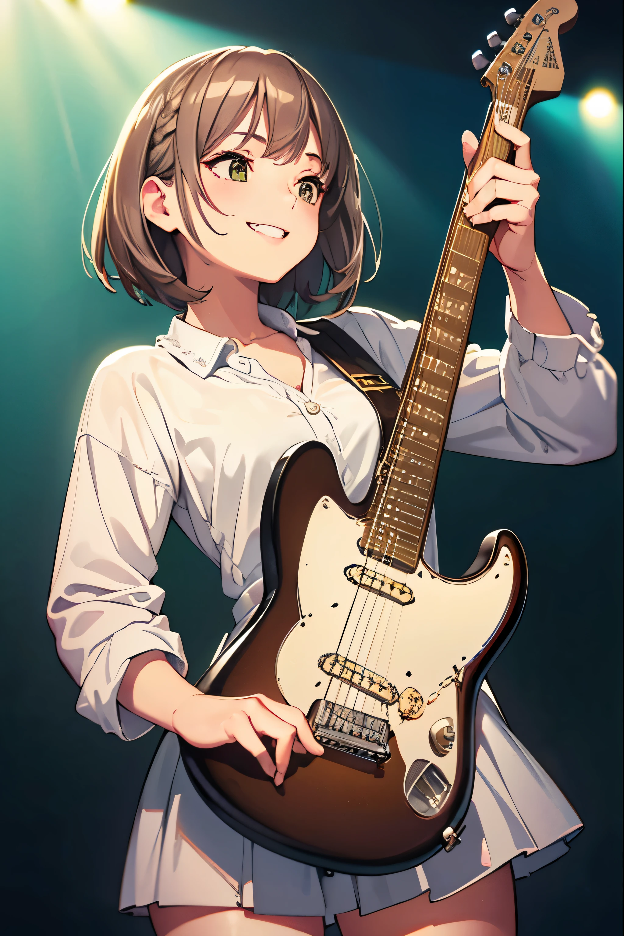 dream-like, ((analog)), 8K, (highest quality), ((realistic photo)), ((realistic)), (Super detailed:1.3), ((cinematic color grading)), (highly detailed skin), ((electric guitars)), one girl, (delivery), smile, (Platinum brown hair:1.2), warm sunshine, white teeth, [tooth]],