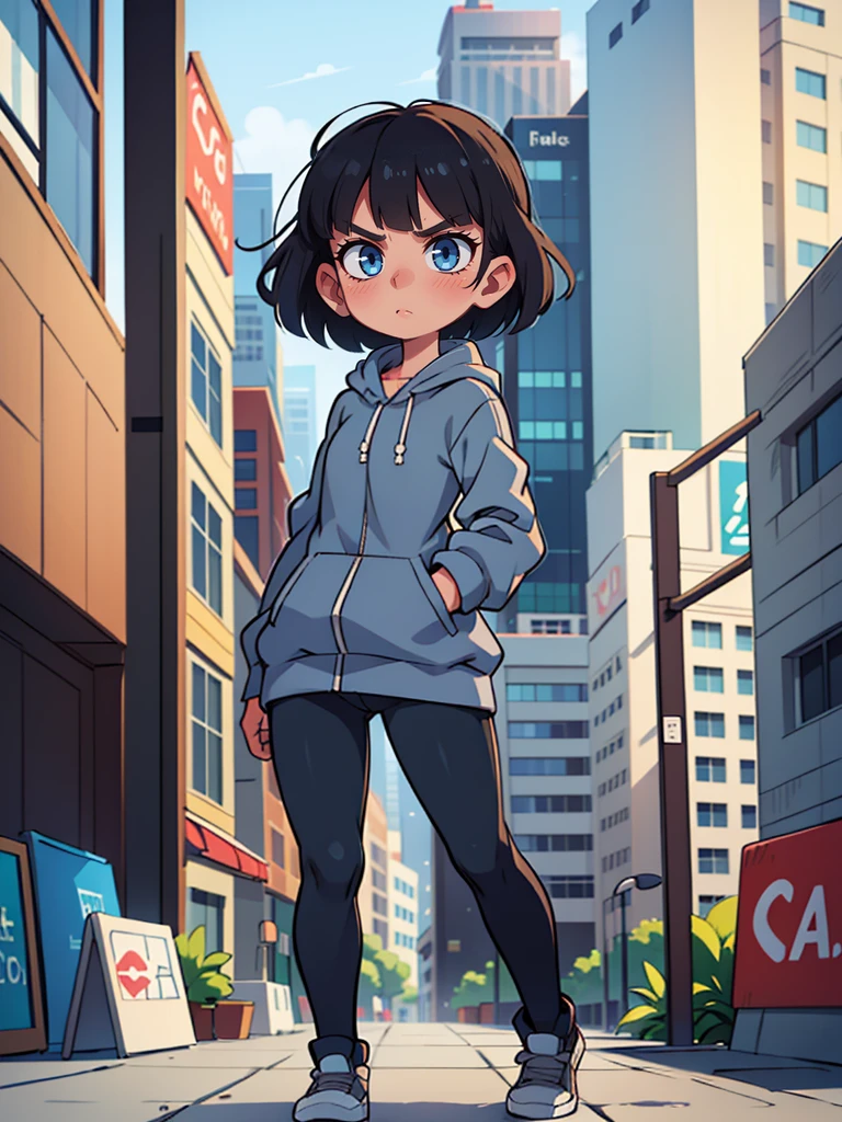 Girl with dark and short hair, with blue eyes, Fair skin, dressed in gray clothes, with a stern face, Standing in the city