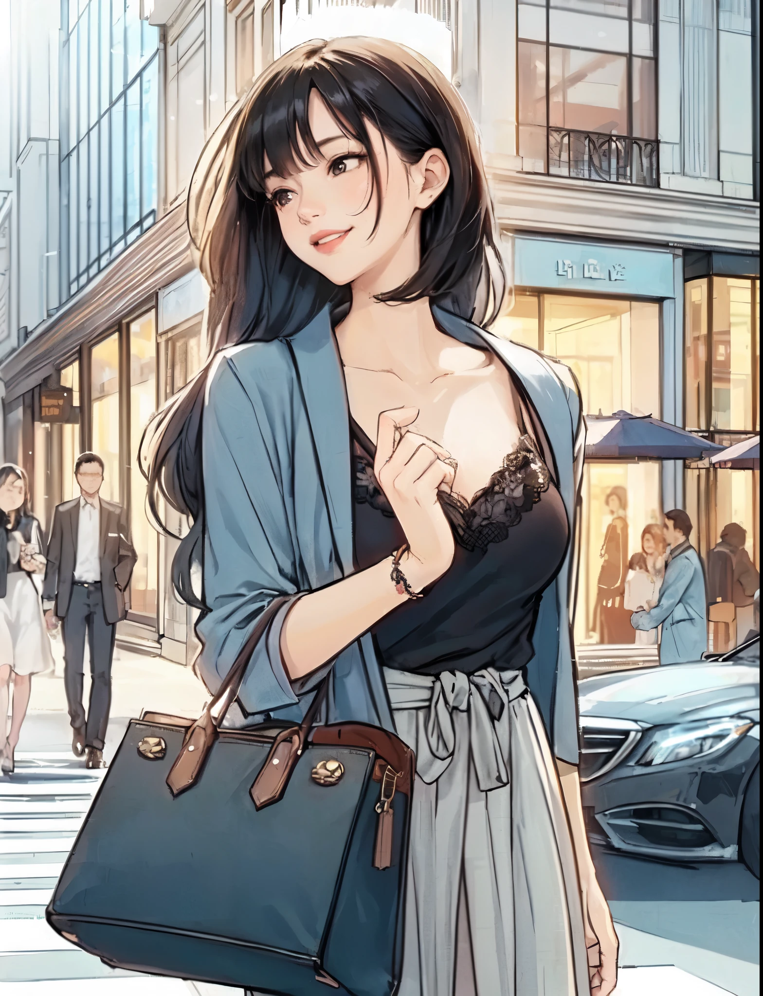 1lady (strolling through city), (stylish outfit), mature female, /(black hair/) bangs, light smile, (masterpiece best quality:1.2) delicate illustration ultra-detailed, large breasts BREAK (carrying a designer bag in her hand) BREAK (luxurious downtown street) outdoors, noon, crowded, detailed background