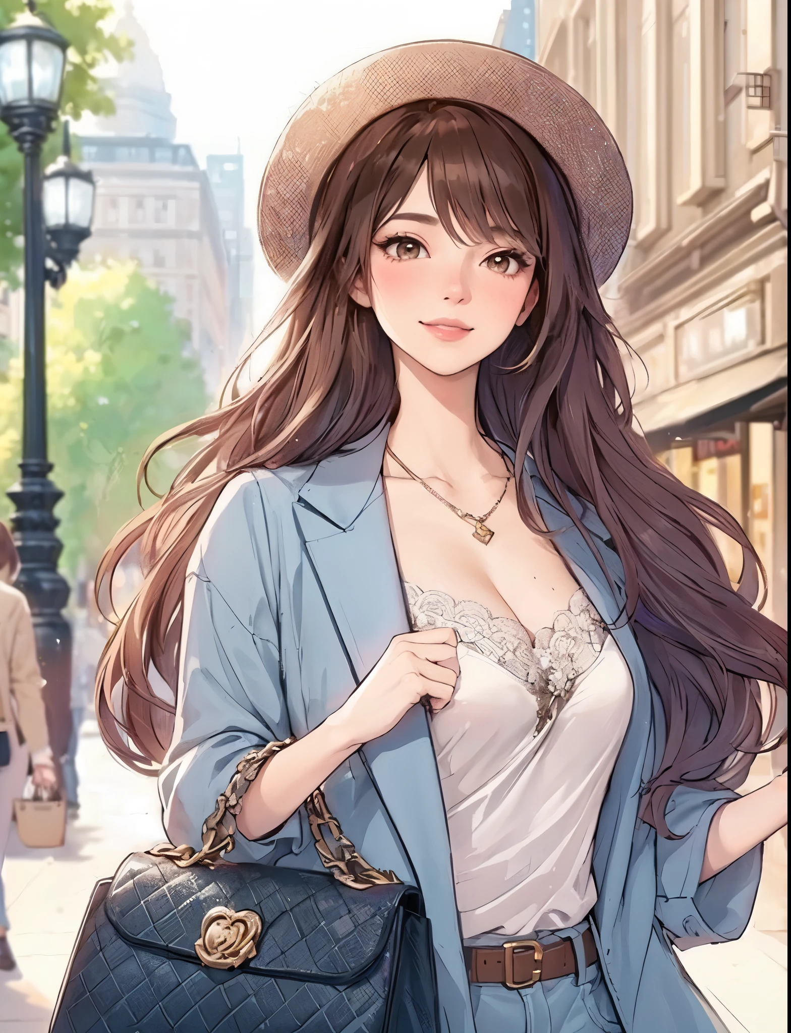 1lady (strolling through city), (stylish outfit), mature female, /(brown hair/) bangs, blush light smile, (masterpiece best quality:1.2) delicate illustration ultra-detailed, large breasts BREAK (carrying a designer bag in her hand) BREAK (luxurious downtown street) outdoors, noon, crowded, detailed background