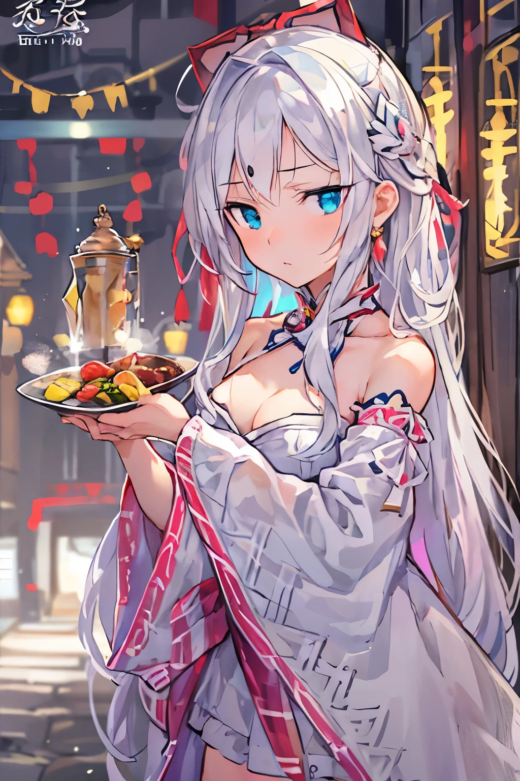 (best quality,ultra-detailed,realistic:1.37),(studio lighting,sharp focus),official art,girl with silver hair,petite girl,Saint ****,shrine maiden,white and gold sheer dress,sleeveless,off-shoulder,tiny,tiny,tiny,cleavage,thigh focus,bare midriff,card illustration,temple