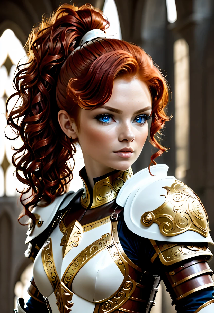(8k, original photo, best quality, masterpiece:1.2), (actual, photo-actual:1.4), (Very detailed CG unified 8k wallpaper), A complete body (rogue:1.1) woman wearing gold jewelry (Leather armor:1.3), Sew worn armor, (Very detailed:1.5), Gold and (white:1.5), conceptual art portrait,author:Greg Rutkoski, artistic sprout, Super detailed gothic art trends on Artstation, excellent, intricate details, (Small blue highlights:1), (Redhead, curls, high ponytail: 1.4)