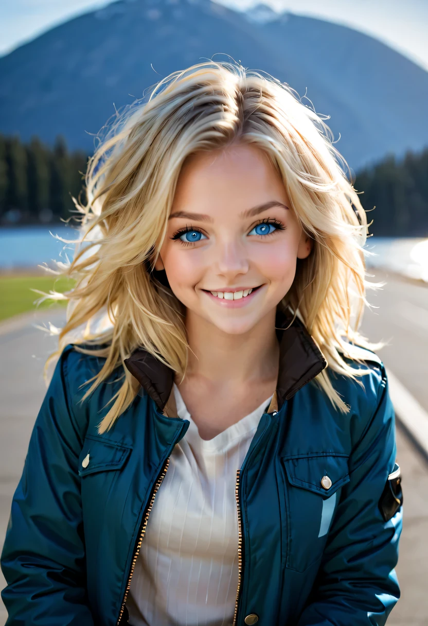 Yes,have, 1 girl, alone, Krista Renz, Smile, hair between eyes, blue eyes, blonde hair, jacket, medium hair,