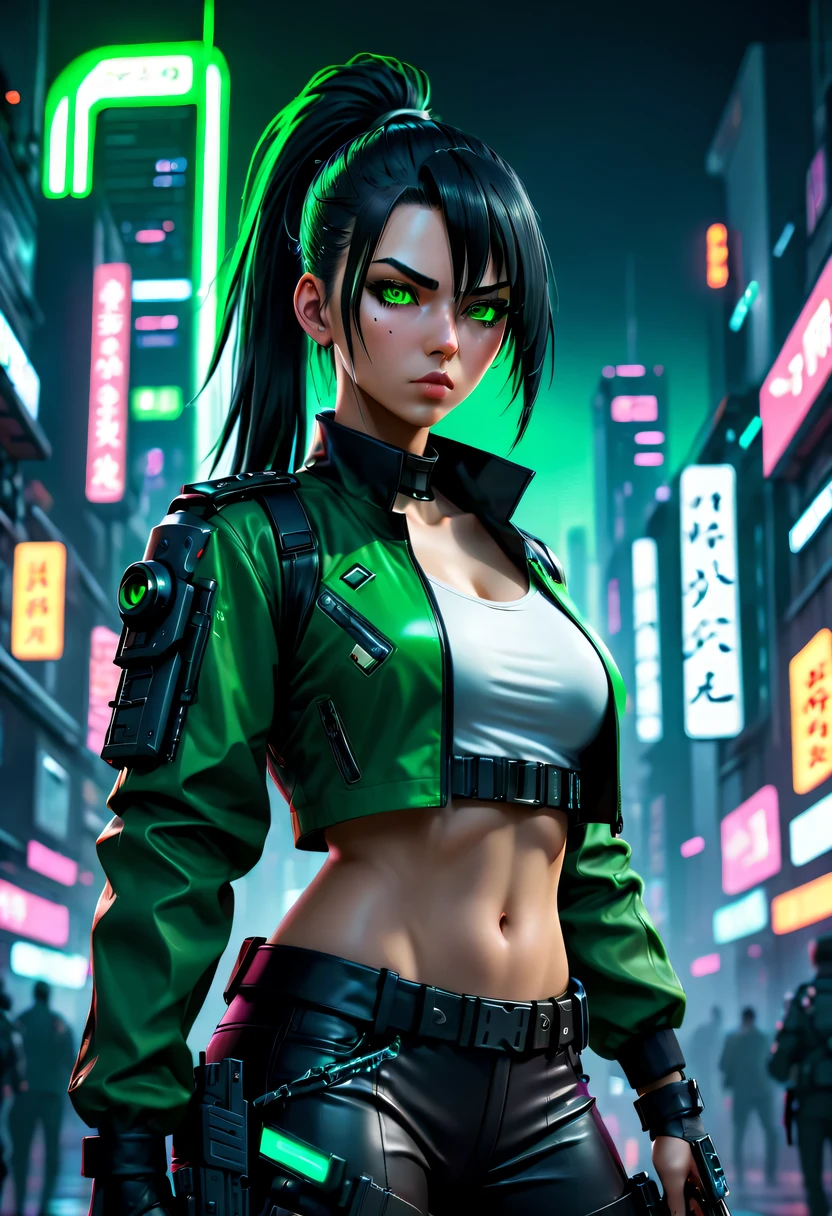 (masterpiece, best quality, 8k, sharp focus, depth of field, best shade, perfect lighting, human development report, Realistic skin texture, Super detailed background), anime style, long angle shot, ((Cyberpunk theme)), alone, 1 female, She is a mercenary, (green eyes, White skin, Black hair ponytail, collar, small breasts, Slim, cosmetic, Eyeliner, Gloss), She works in a futuristic city in South Korea, Grip the technical katana, night, Sky, waning moon, Wearing a nice technical jacket and leather pants.