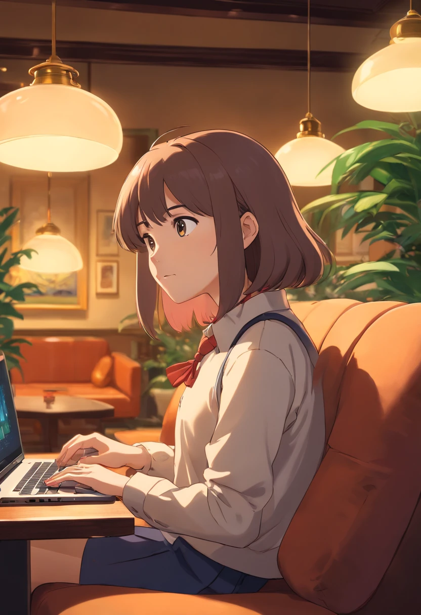 A close-up image of a young business person working on their laptop in a comfortable lounge area of a coworking center, surrounded by plush seating and soft lighting, evoking a sense of relaxation and productivity.