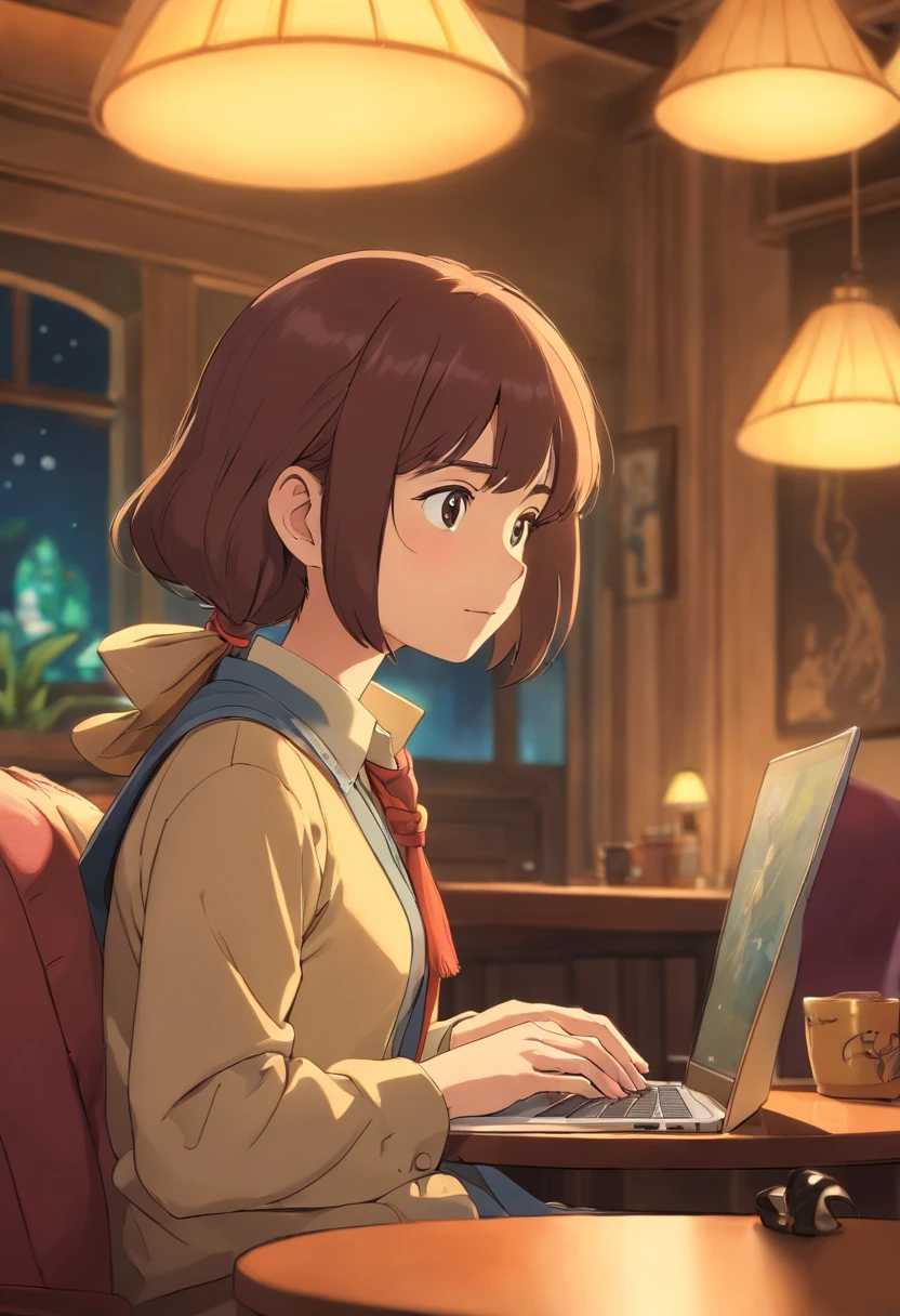 A close-up image of a young business person working on their laptop in a comfortable lounge area of a coworking center, surrounded by plush seating and soft lighting, evoking a sense of relaxation and productivity.