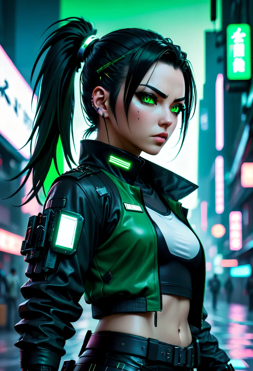 (masterpiece, best quality, 8k, sharp focus, depth of field, best shade, perfect lighting, human development report, Realistic skin texture, Super detailed background), anime style, long angle shot, ((Cyberpunk theme)), alone, 1 female, She is a mercenary, (green eyes, White skin, Black hair ponytail, collar, small breasts, Slim, cosmetic, Eyeliner, Gloss), She works in a futuristic city in South Korea, Grip the technical katana, night, Sky, waning moon, Wearing a nice technical jacket and leather pants.