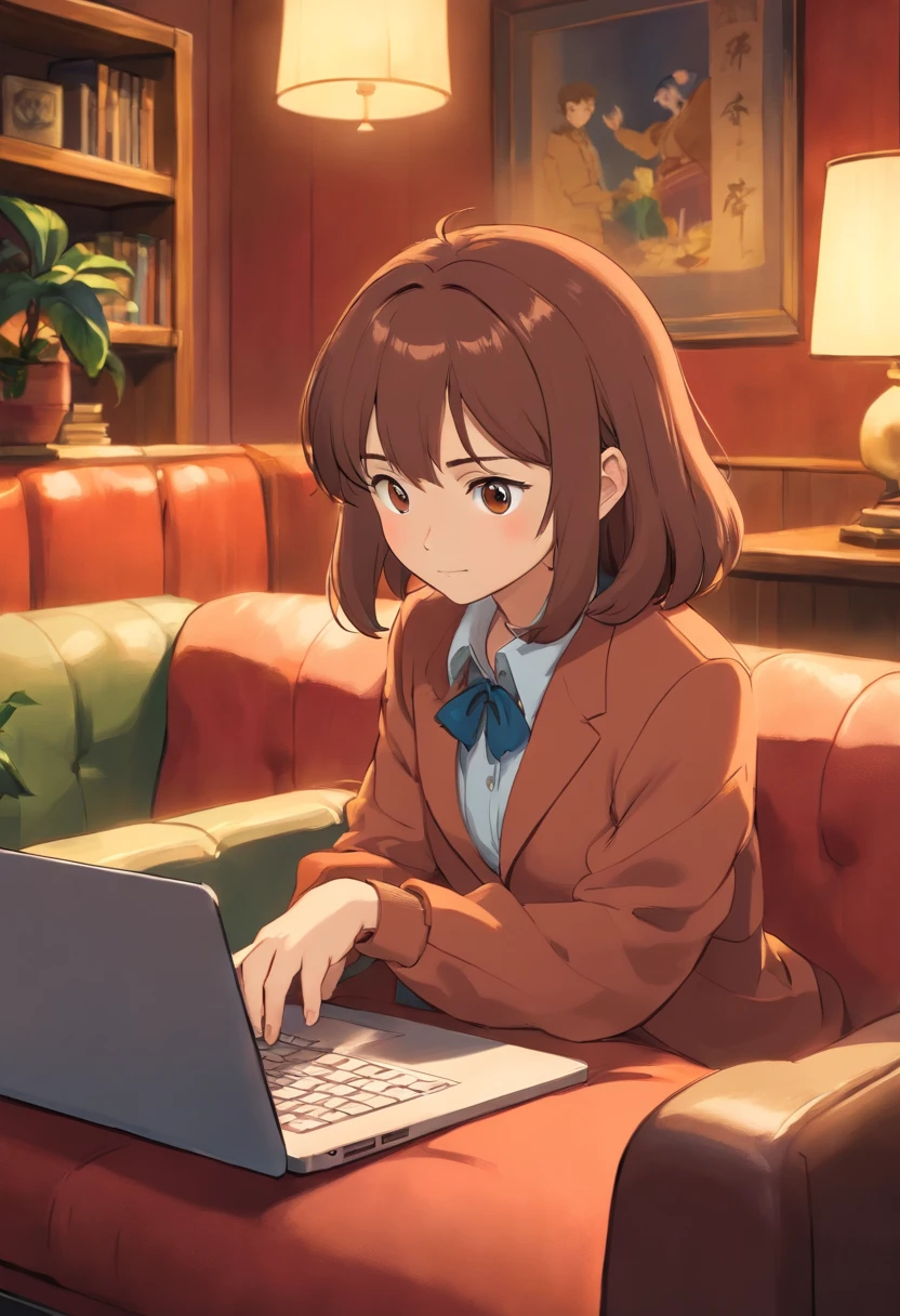 A close-up image of a young business person working on their laptop in a comfortable lounge area of a coworking center, surrounded by plush seating and soft lighting, evoking a sense of relaxation and productivity.